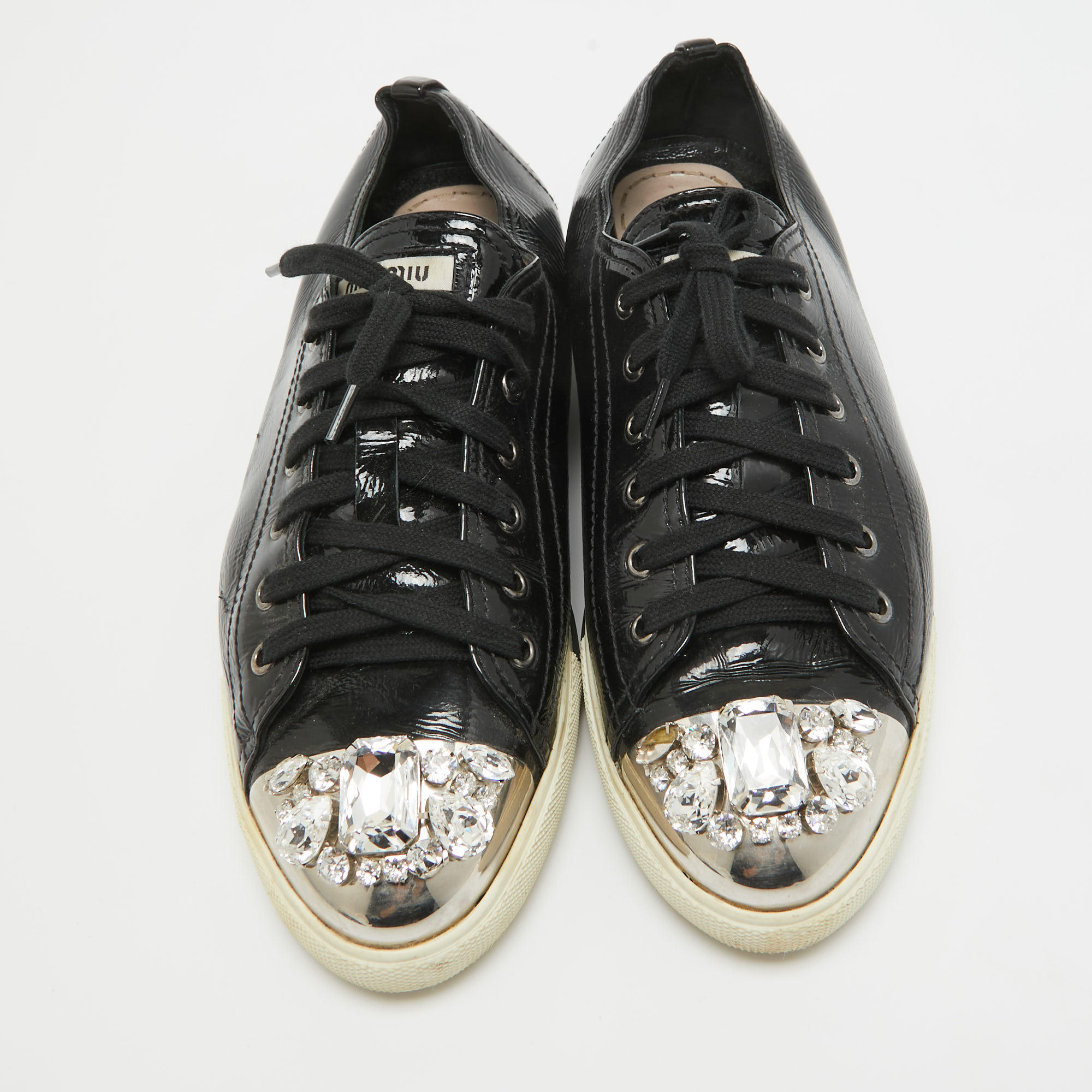 Miu Miu Black Patent Leather Crystal Embellished Cap Toe Sneakers Size 41