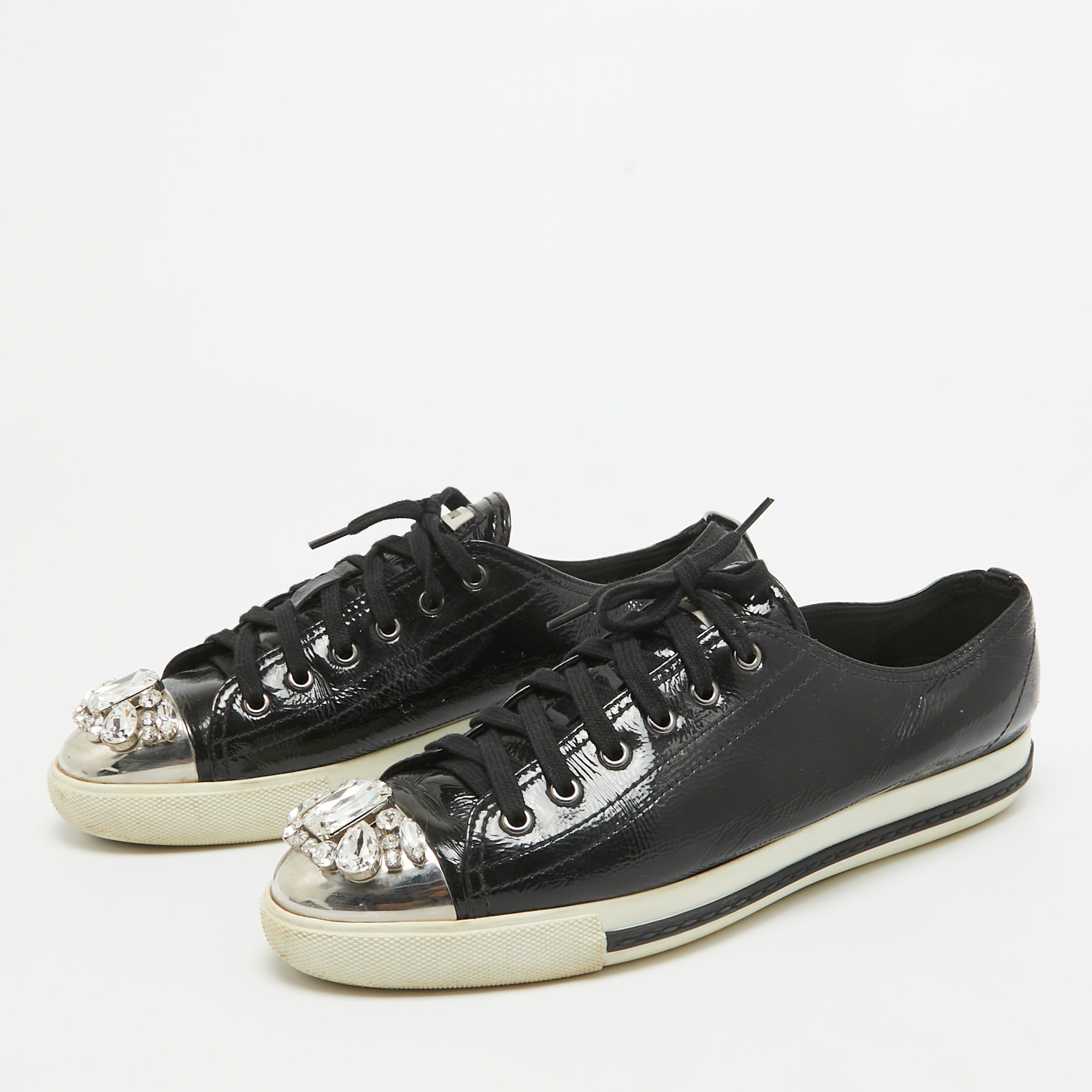 Miu Miu Black Patent Leather Crystal Embellished Cap Toe Sneakers Size 41