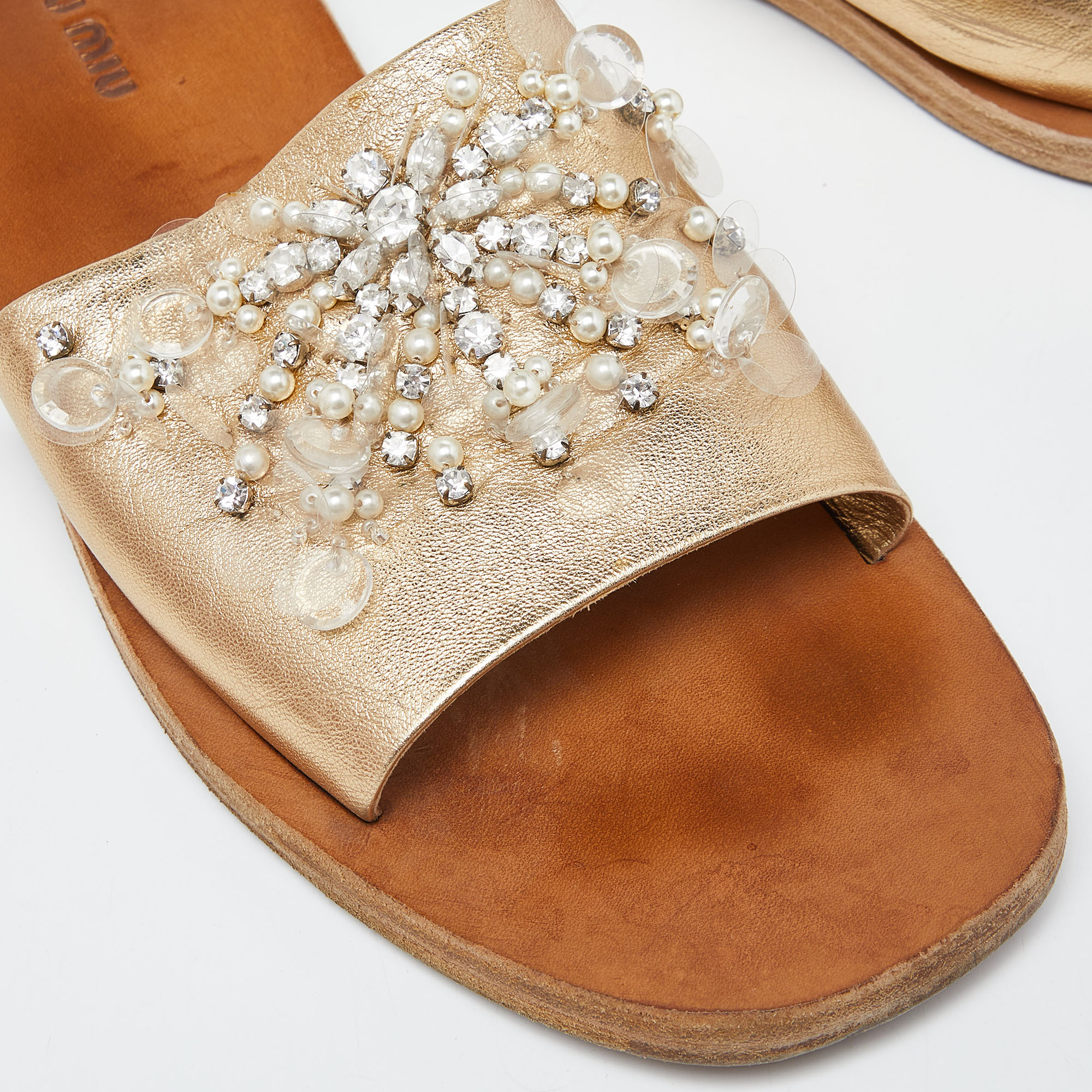 Miu Miu Gold Leather Crystal Embellished Open Toe Flat Slides Size 40