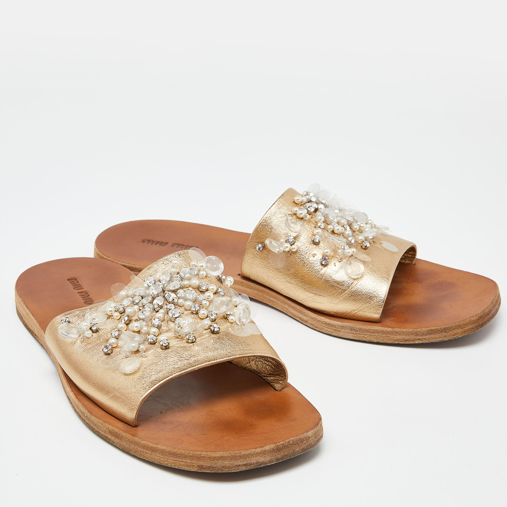 Miu Miu Gold Leather Crystal Embellished Open Toe Flat Slides Size 40