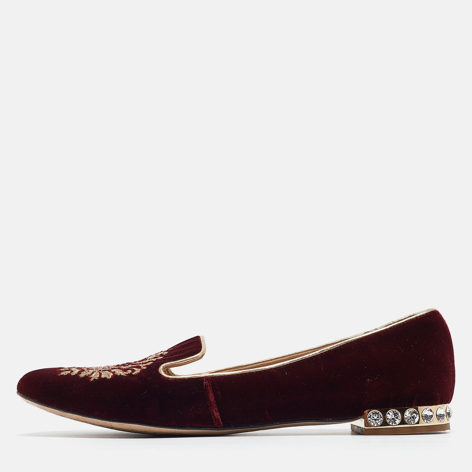 Miu miu burgundy embroidered velvet crystal embellished smoking slippers size 37