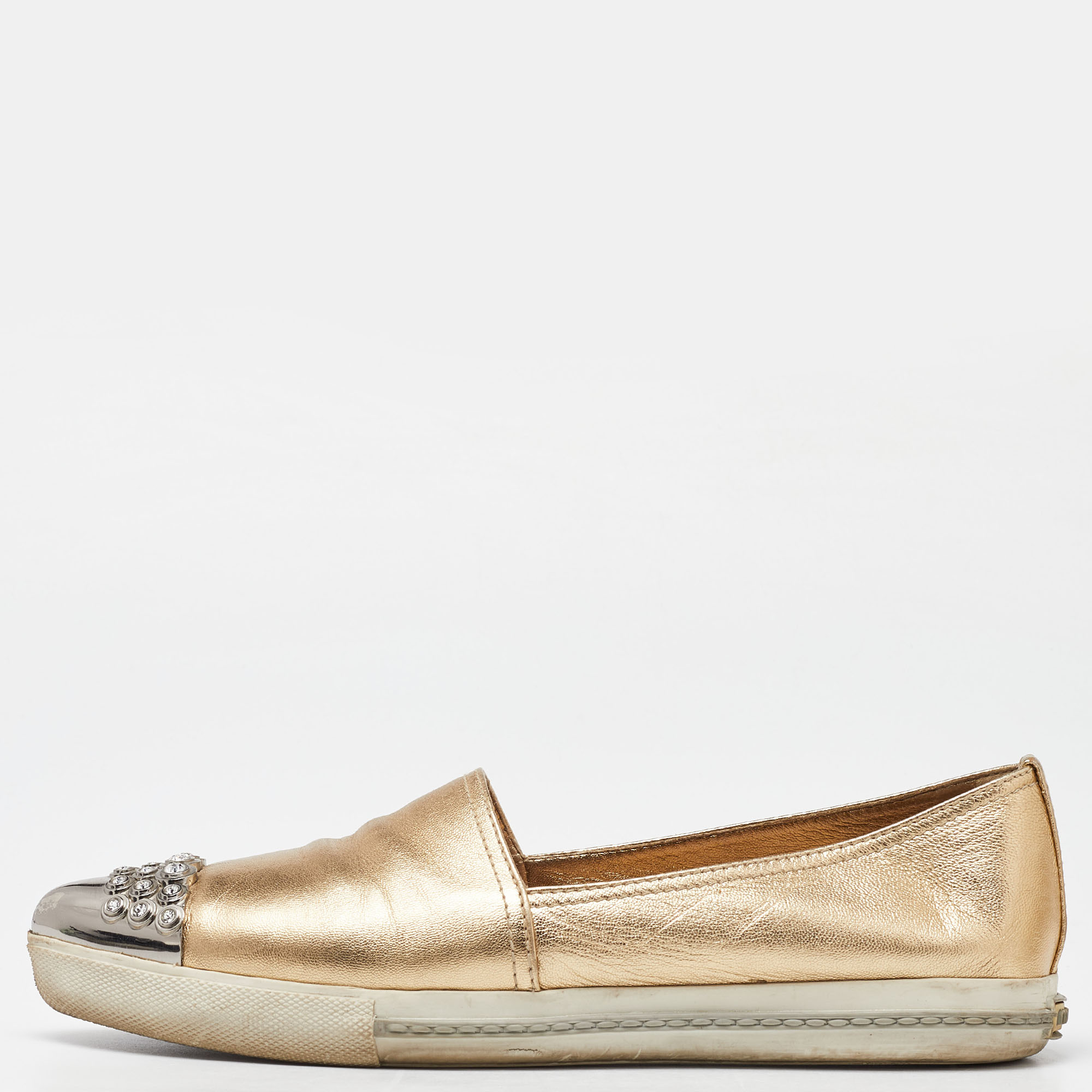 

Miu Miu Gold Foil Leather Crystal Embellished Slip On Sneakers Size