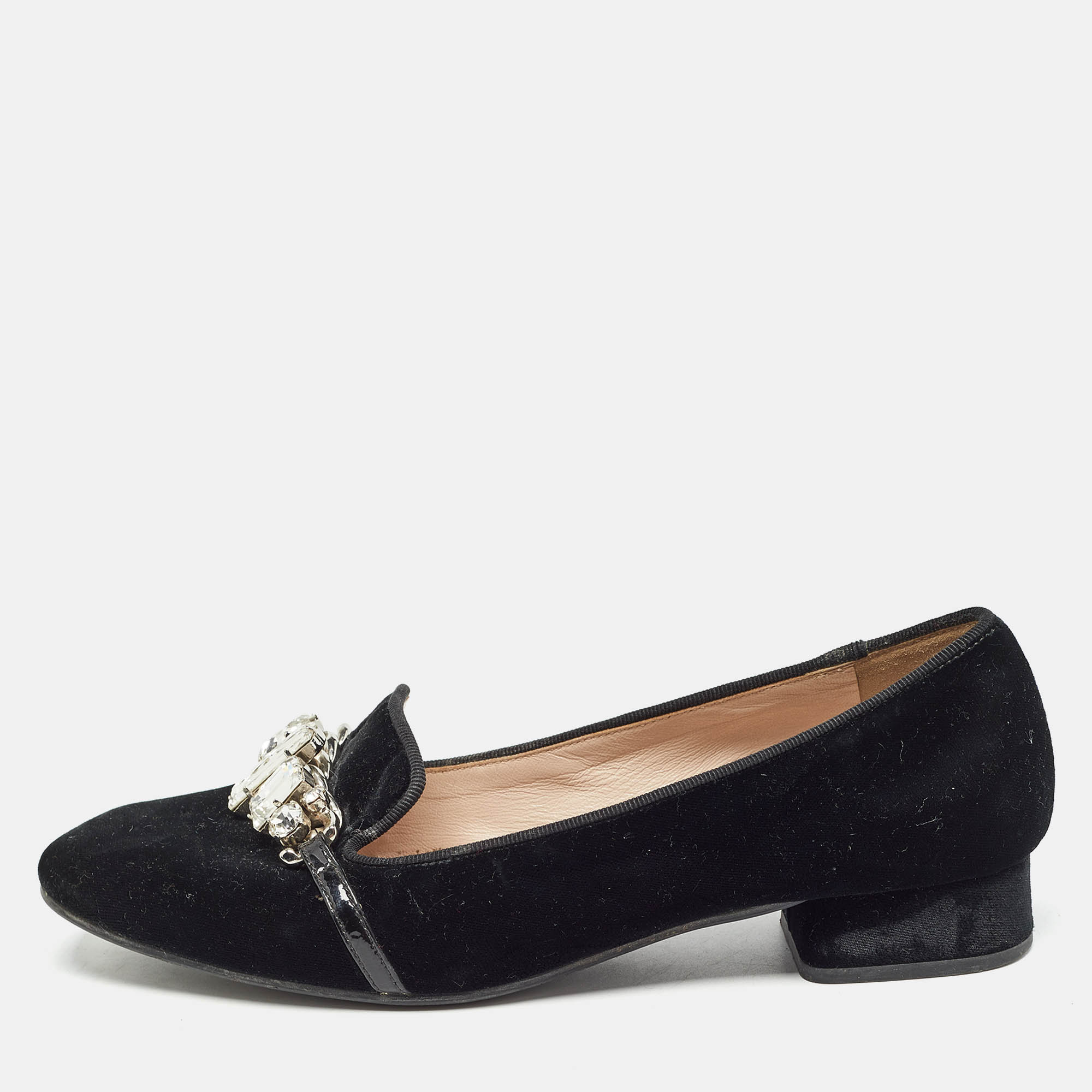 Miu miu black velvet crystal embellished smoking slippers size 37