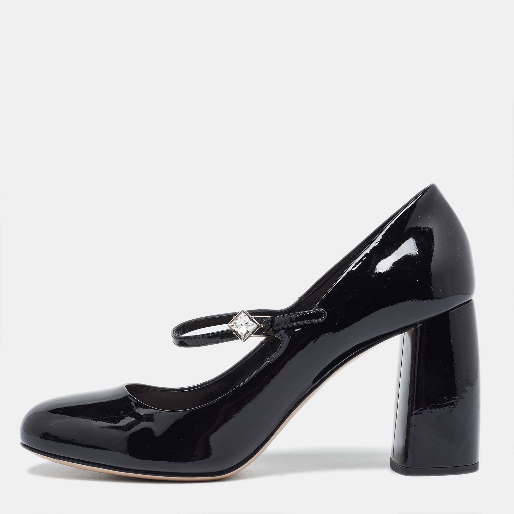 Miu miu black patent leather mary jane block heel pumps size 39