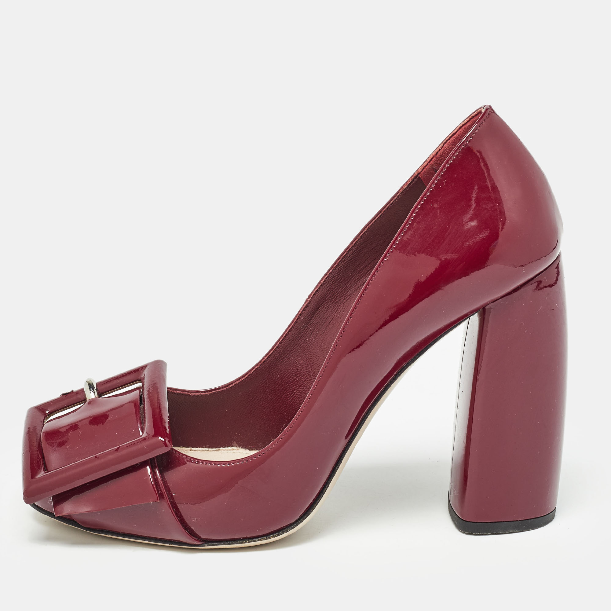 Miu miu burgundy patent leather buckle detail block heel pumps size 36
