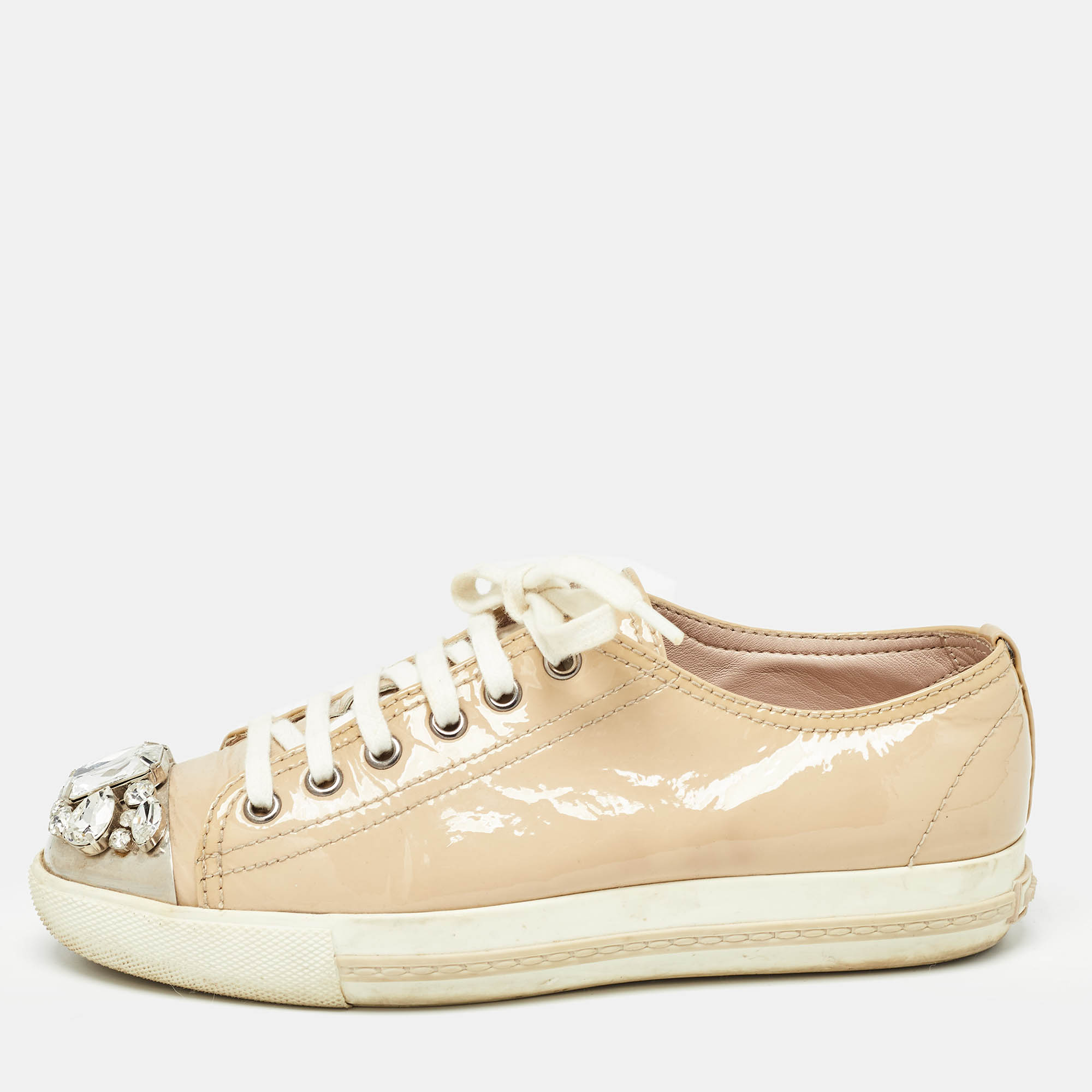 Miu miu beige patent leather crystal embellished lace up sneakers size 36