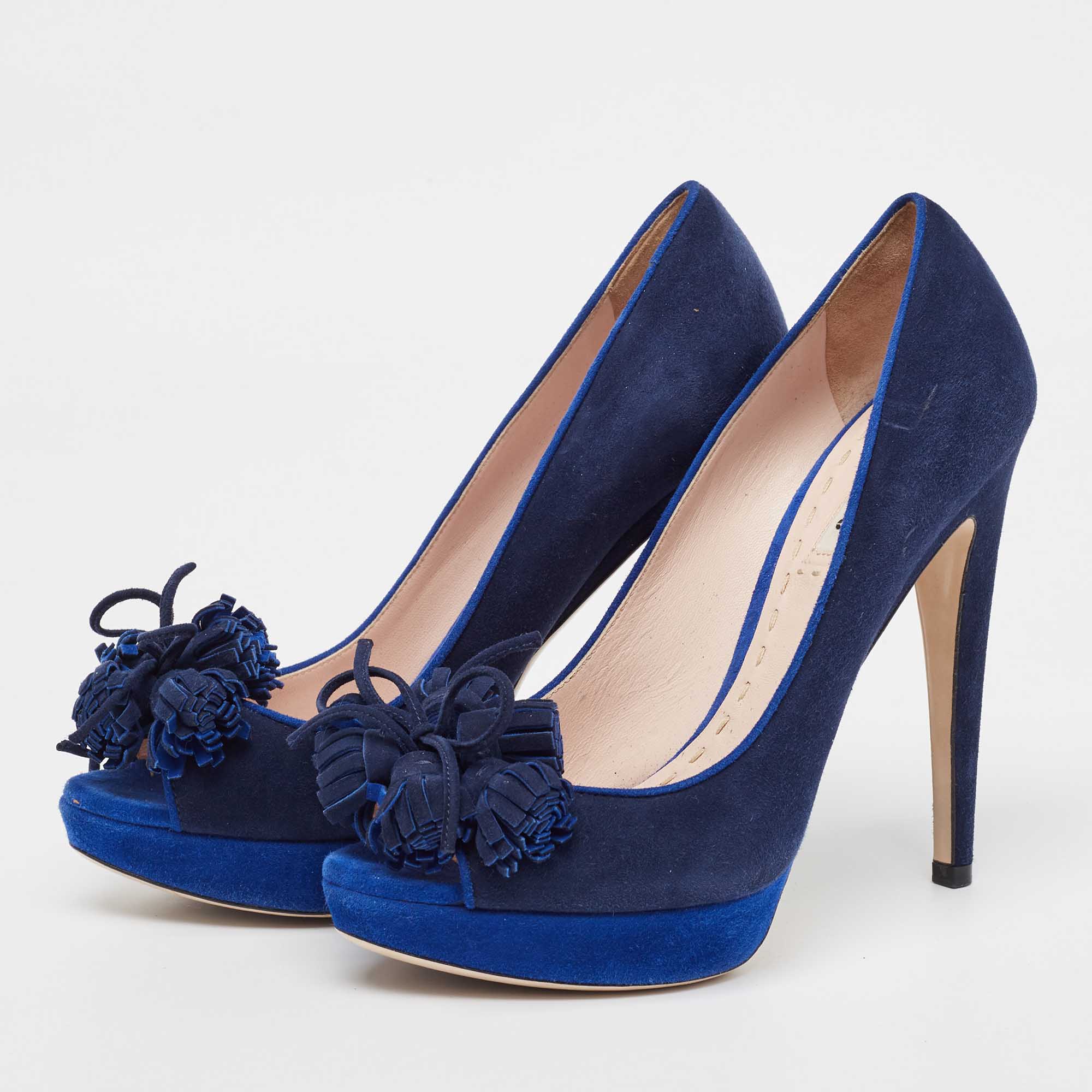 Miu Miu Blue Suede Peep Toe Platform Pumps Size 37.5