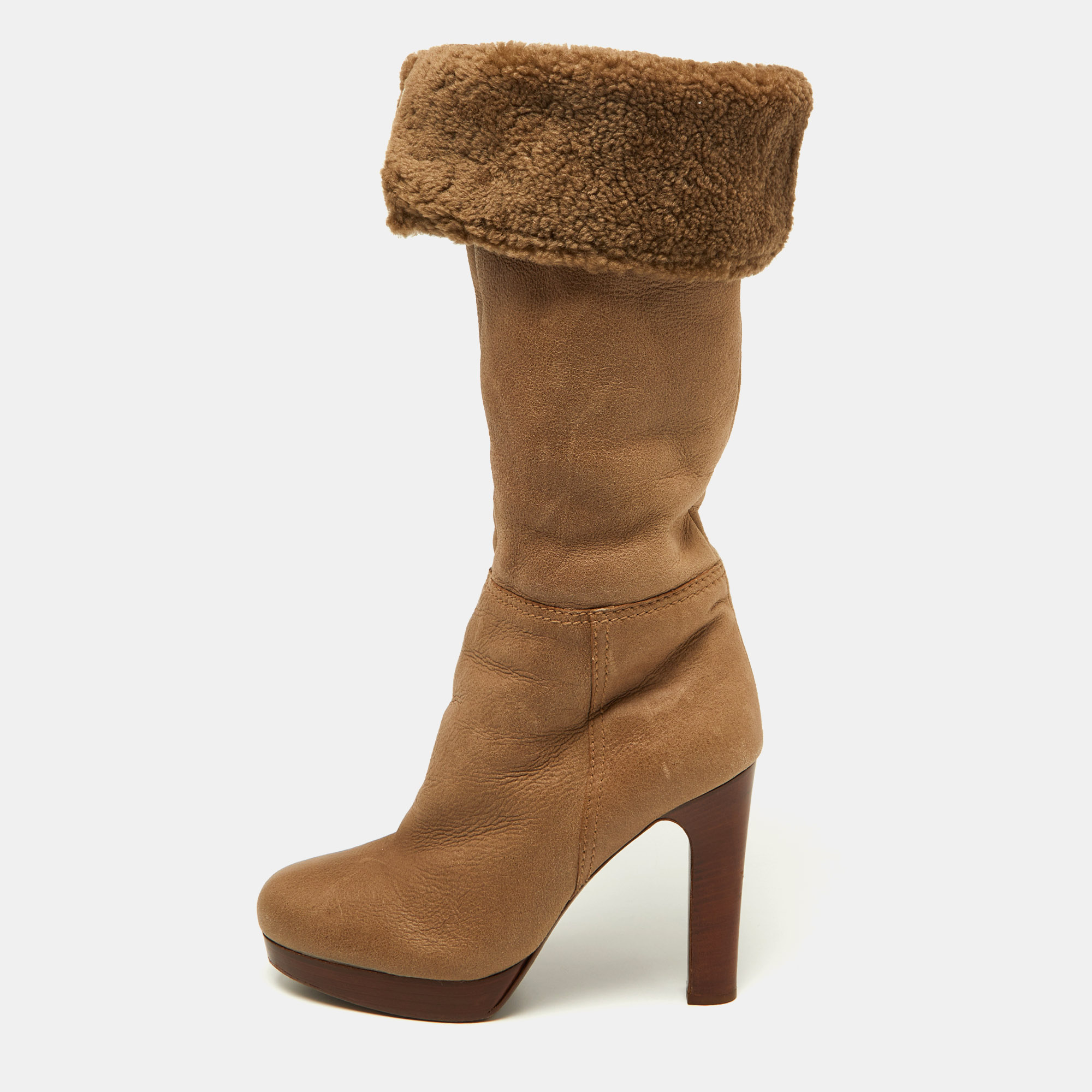 Miu miu light brown leather fur lined knee length boots size 40