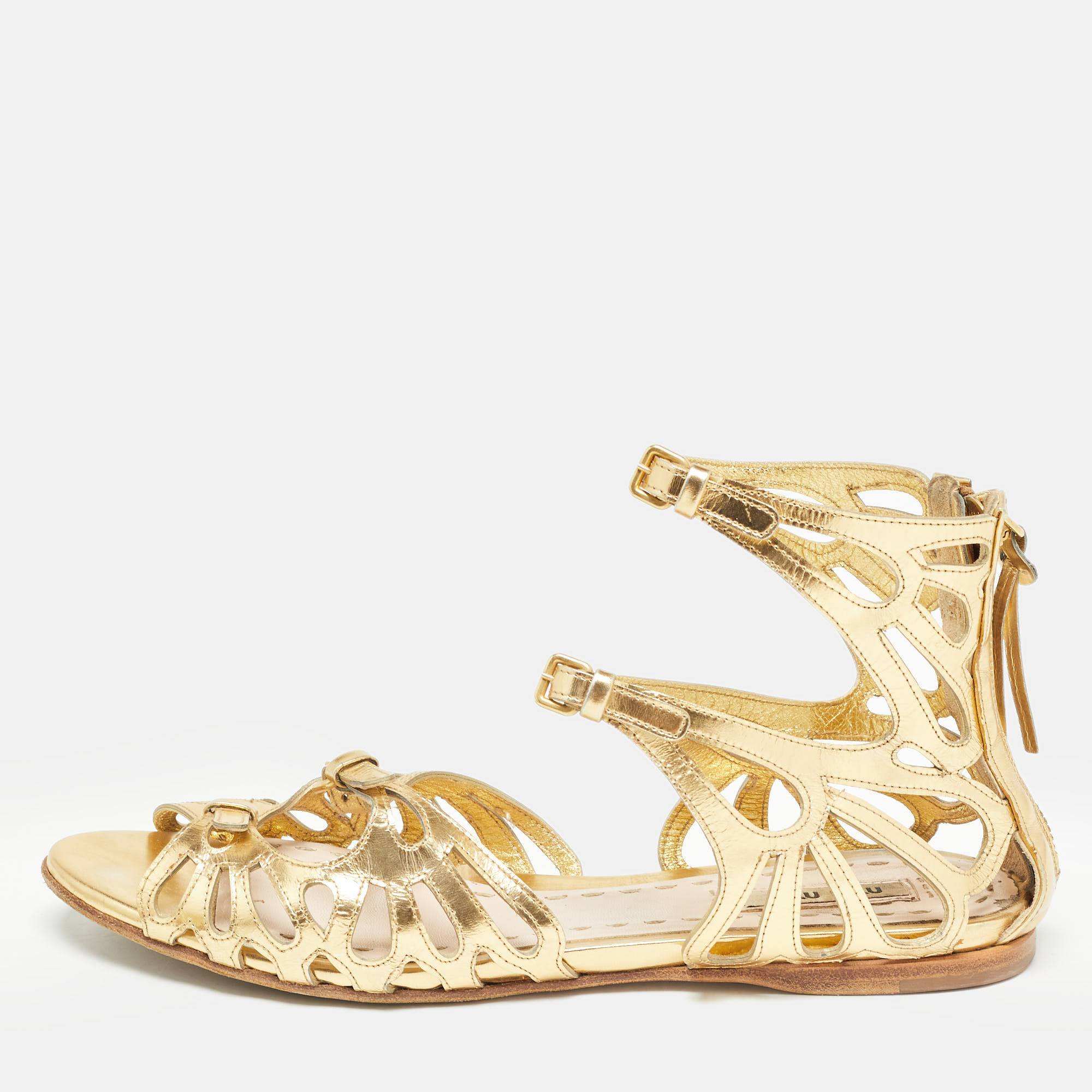 Miu miu gold cut out leather flat sandals size 36