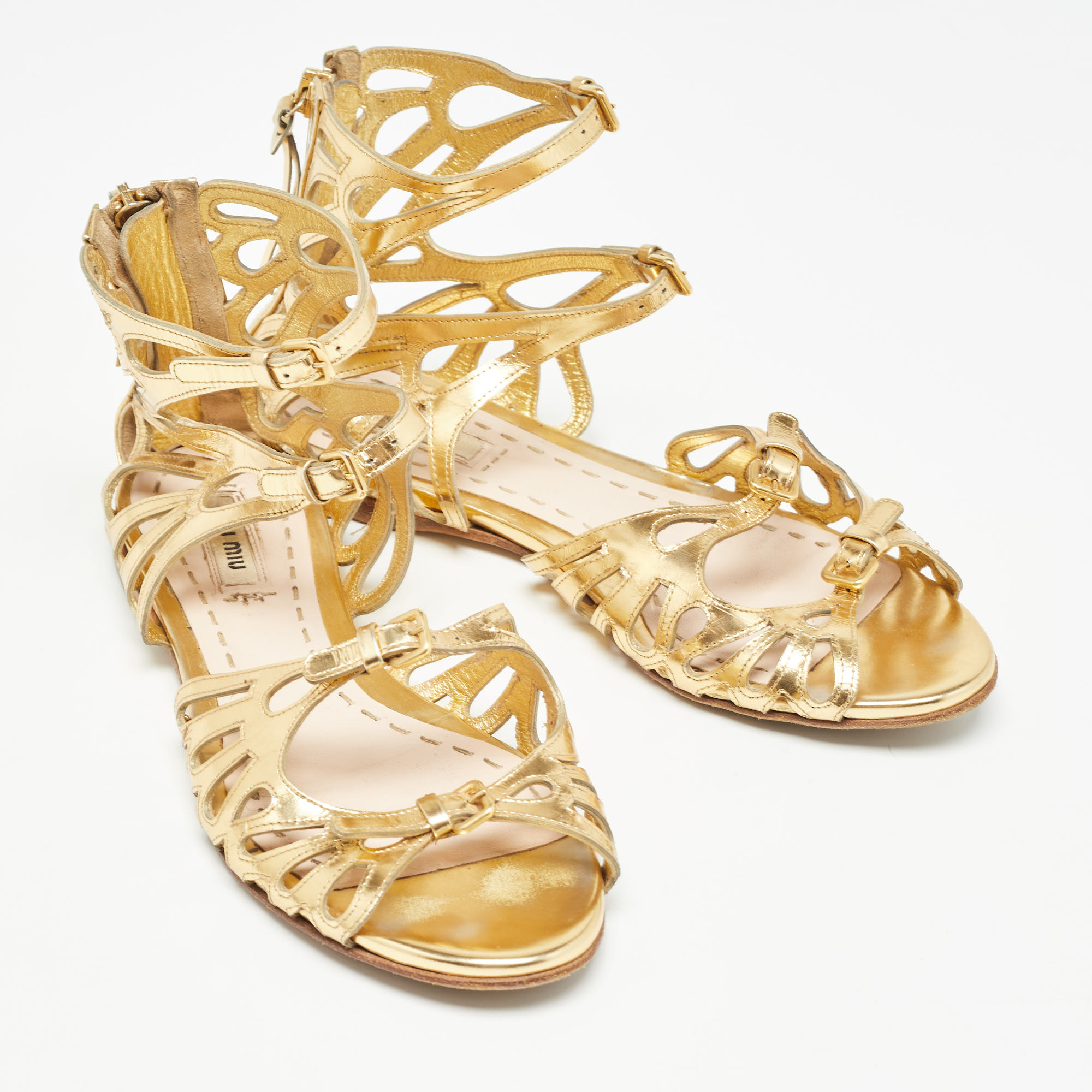 Miu Miu Gold Cut Out Leather Flat Sandals Size 36