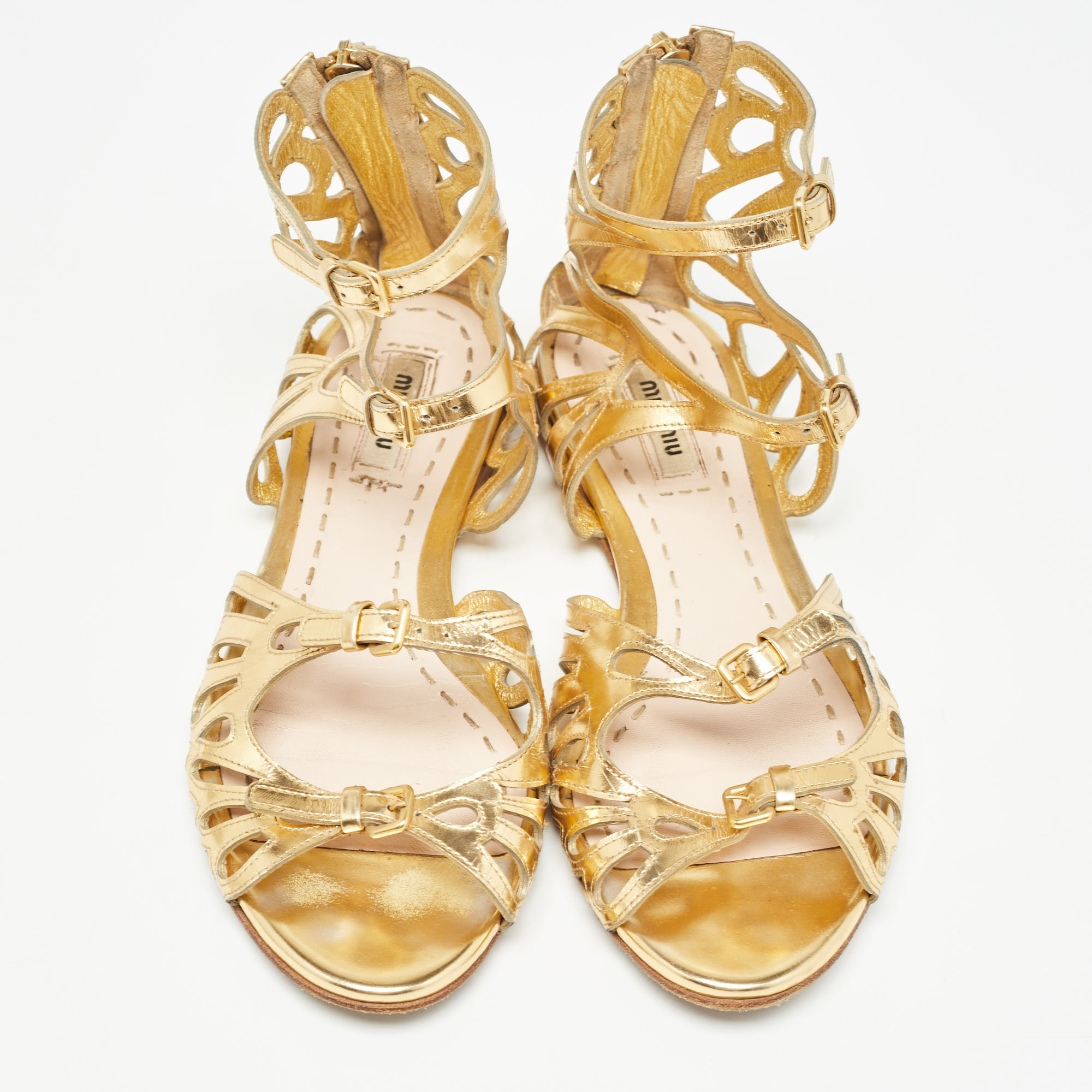 Miu Miu Gold Cut Out Leather Flat Sandals Size 36