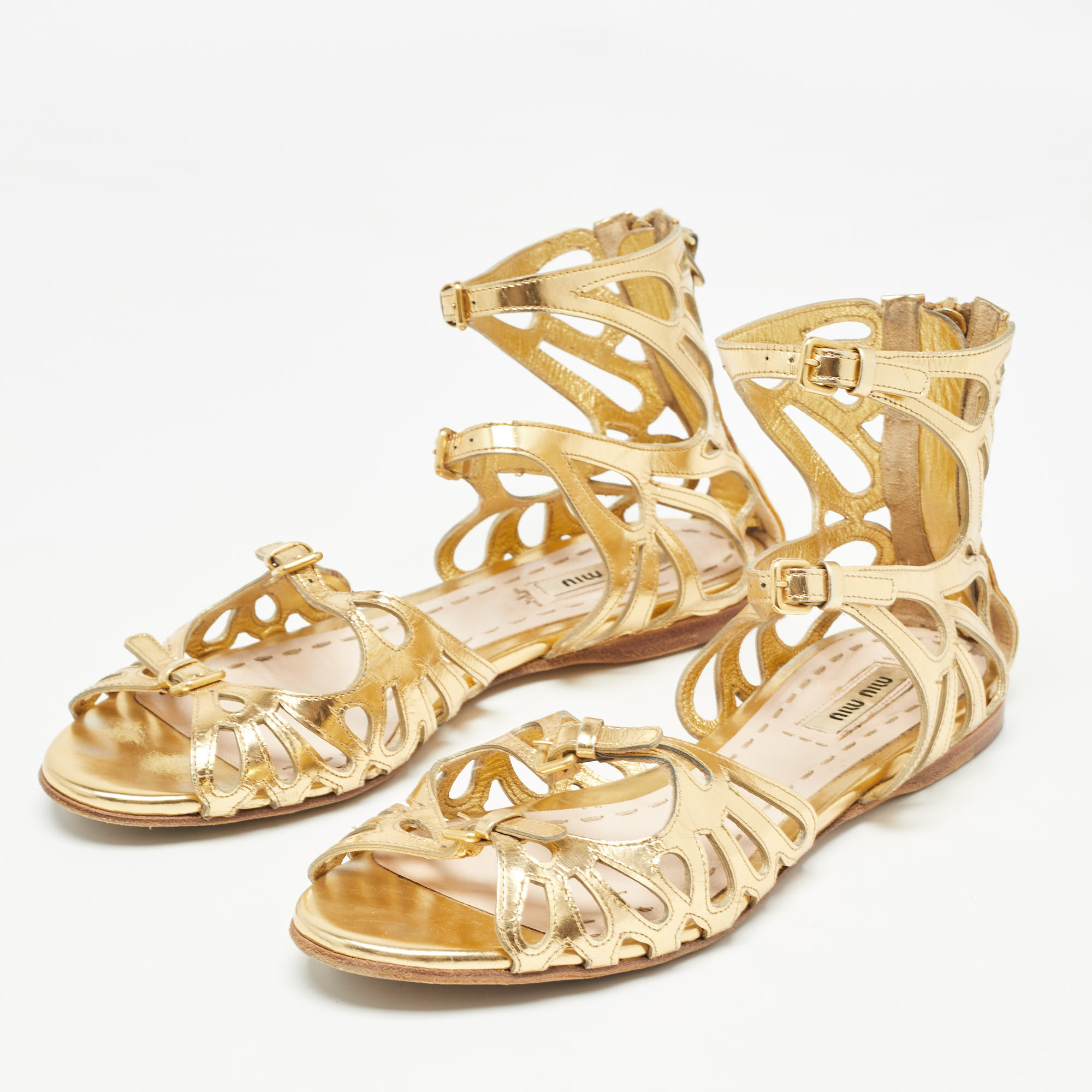 Miu Miu Gold Cut Out Leather Flat Sandals Size 36