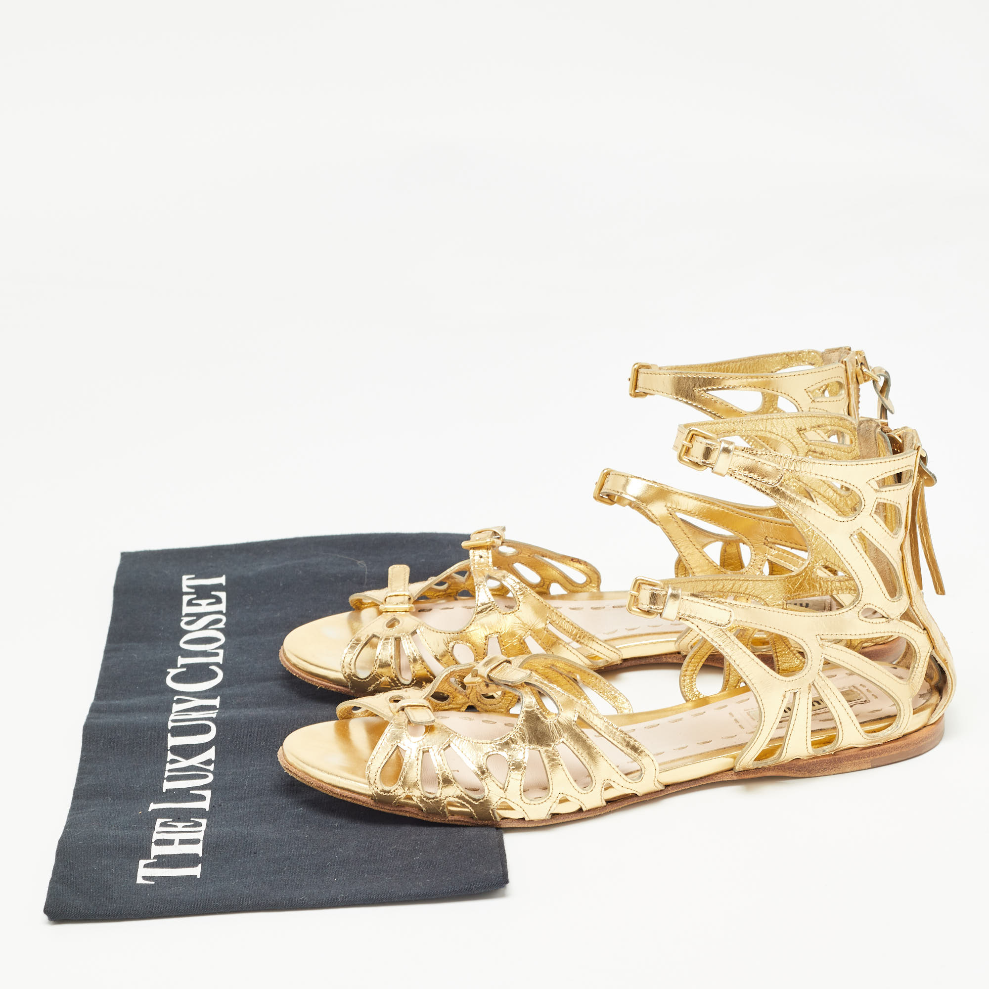 Miu Miu Gold Cut Out Leather Flat Sandals Size 36