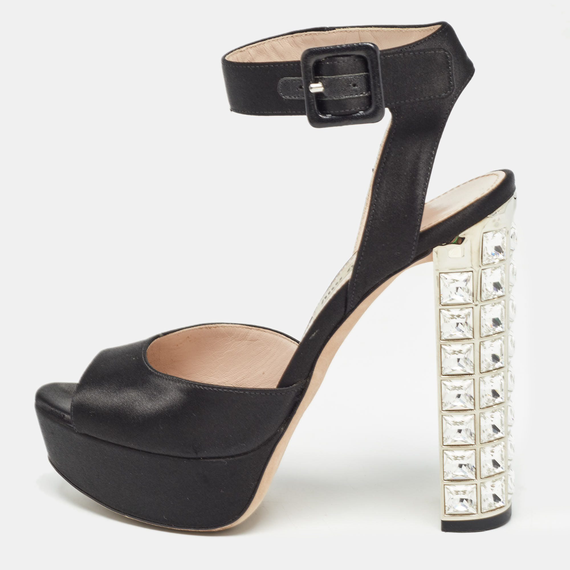 Miu miu black satin embellished block heel platform sandals size 35.5