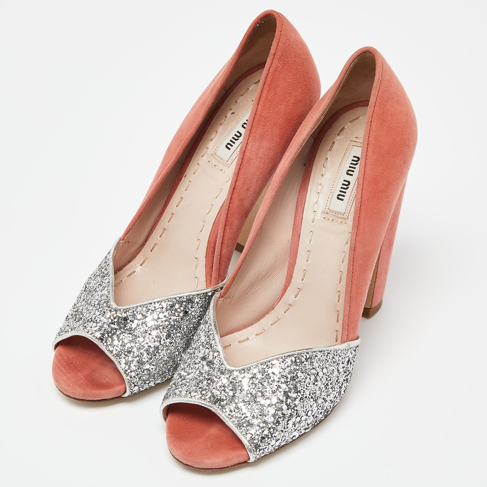 Miu Miu Orange/Silver Suede And Glitter Open Toe Pumps Size 38