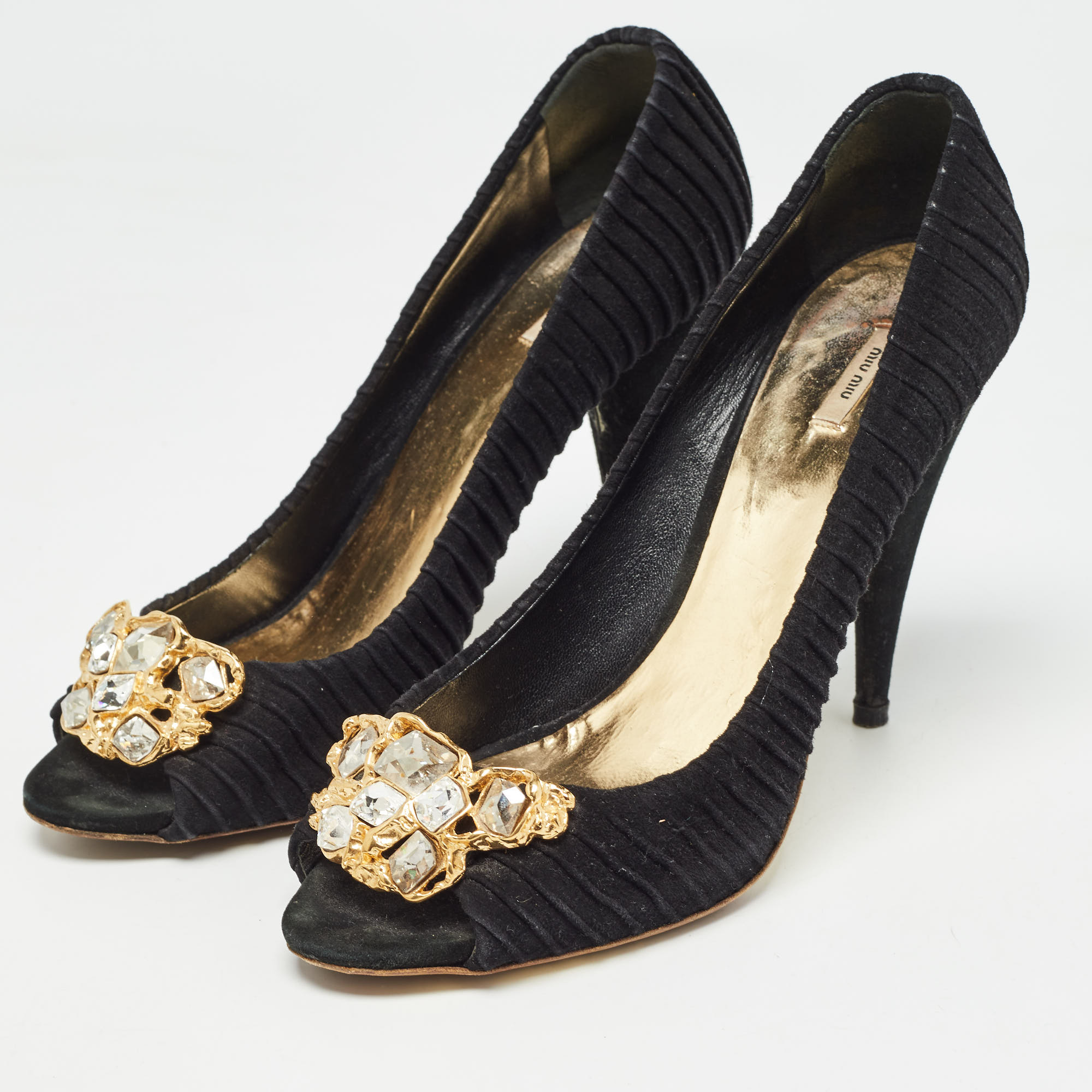 Miu Miu Black Suede Crystals Embellishment Peep Toe Pumps Size 41