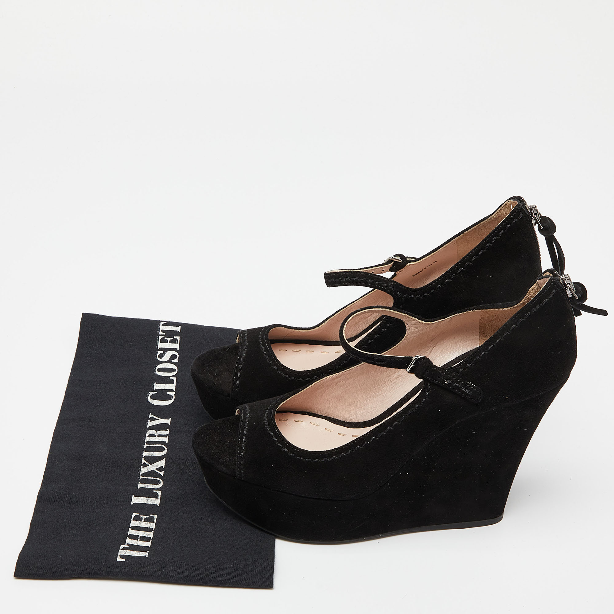 Miu Miu Black Suede Peep Toe Ankle Strap Wedges Size 38