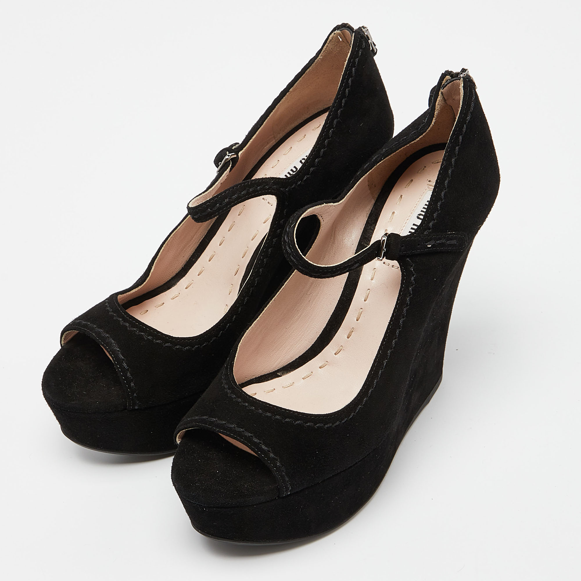 Miu Miu Black Suede Peep Toe Ankle Strap Wedges Size 38