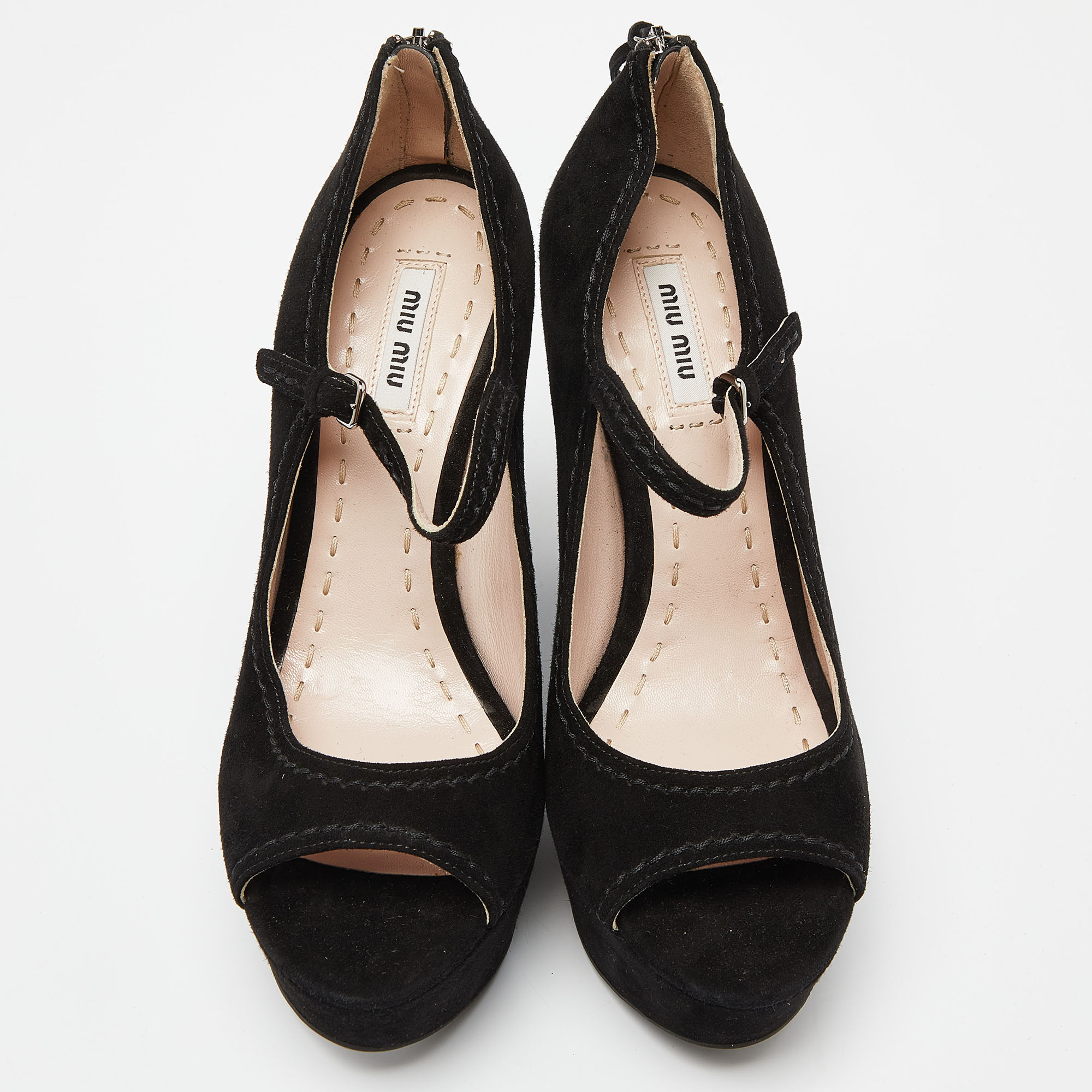 Miu Miu Black Suede Peep Toe Ankle Strap Wedges Size 38