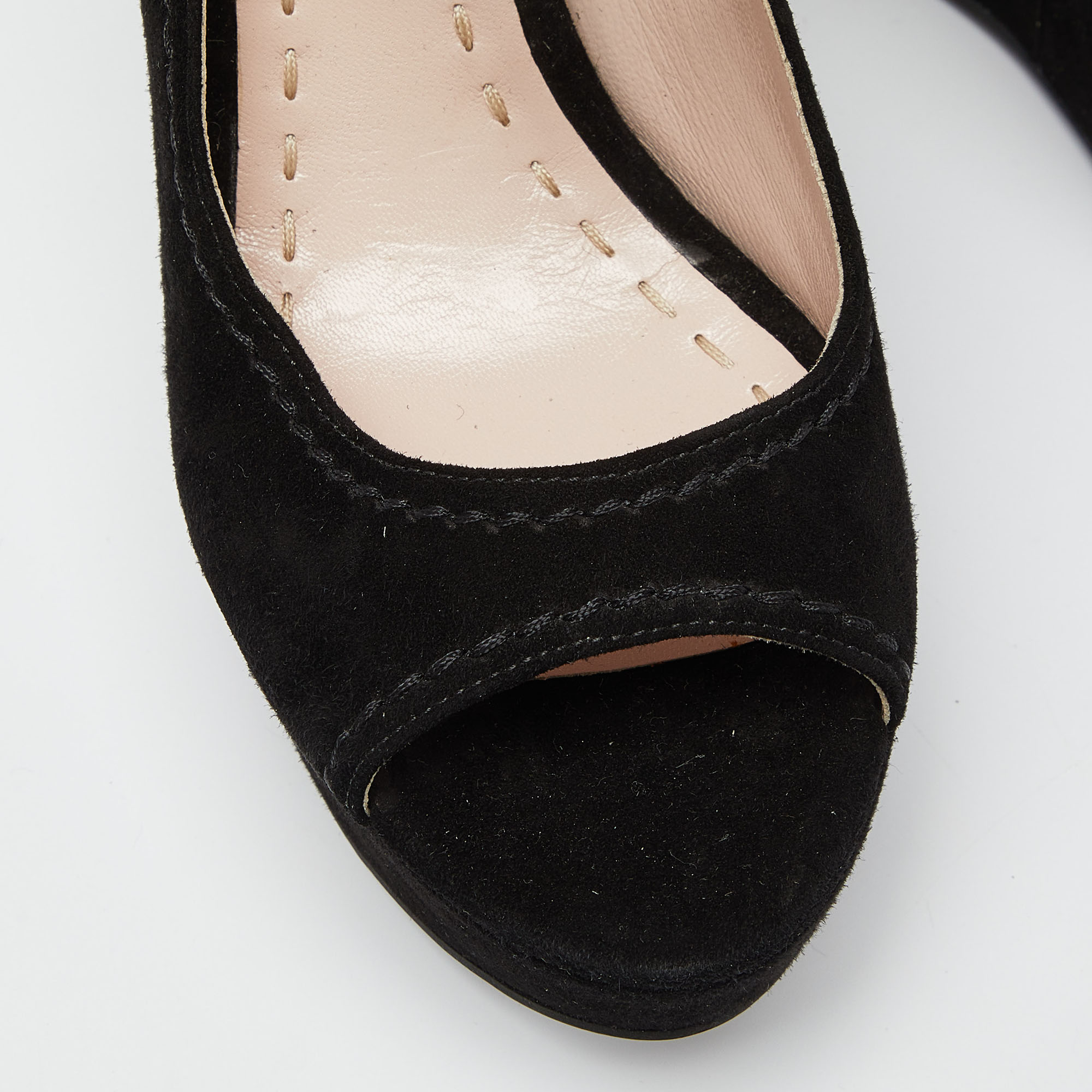 Miu Miu Black Suede Peep Toe Ankle Strap Wedges Size 38