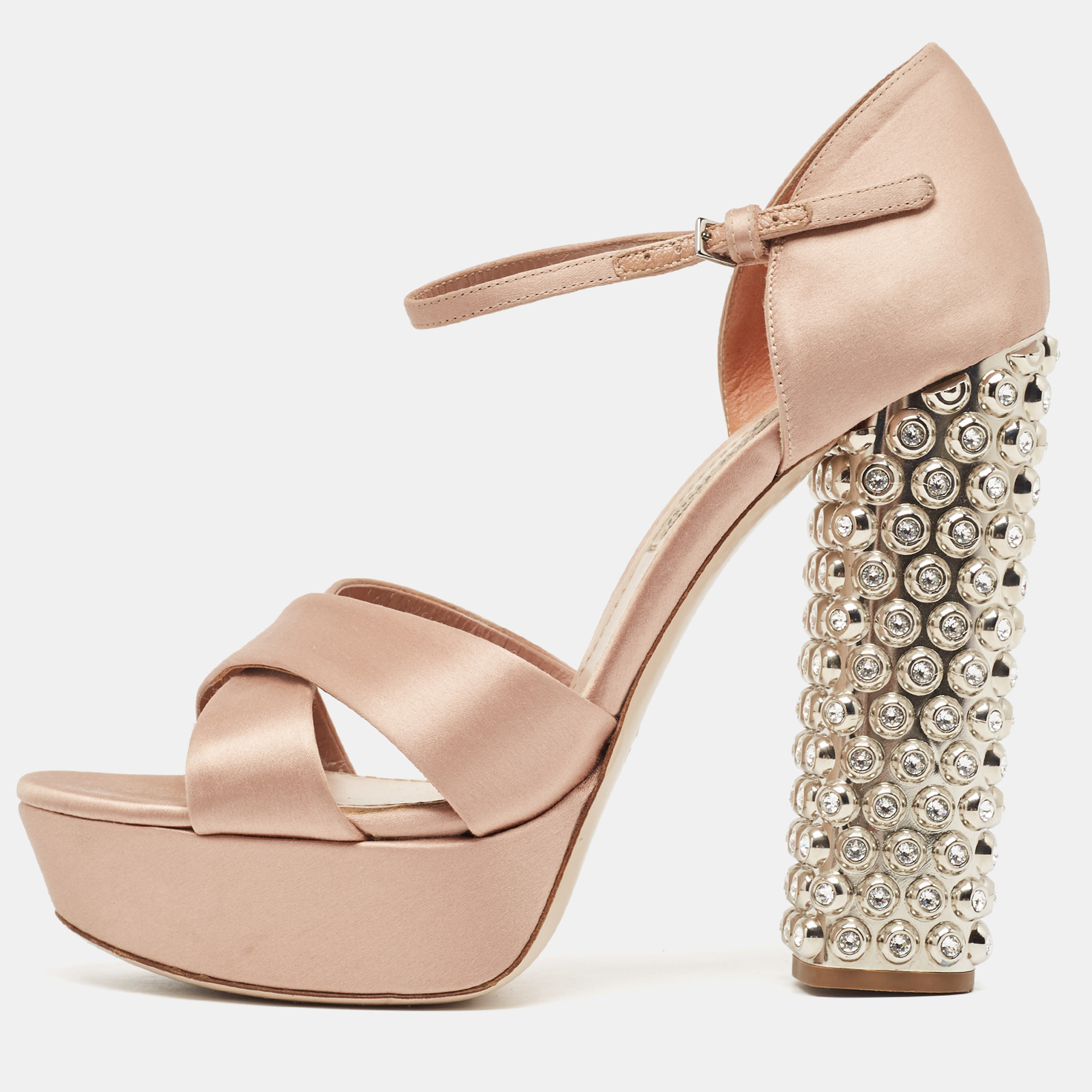 Miu miu pink satin crystal embellished platform ankle strap sandals size 38