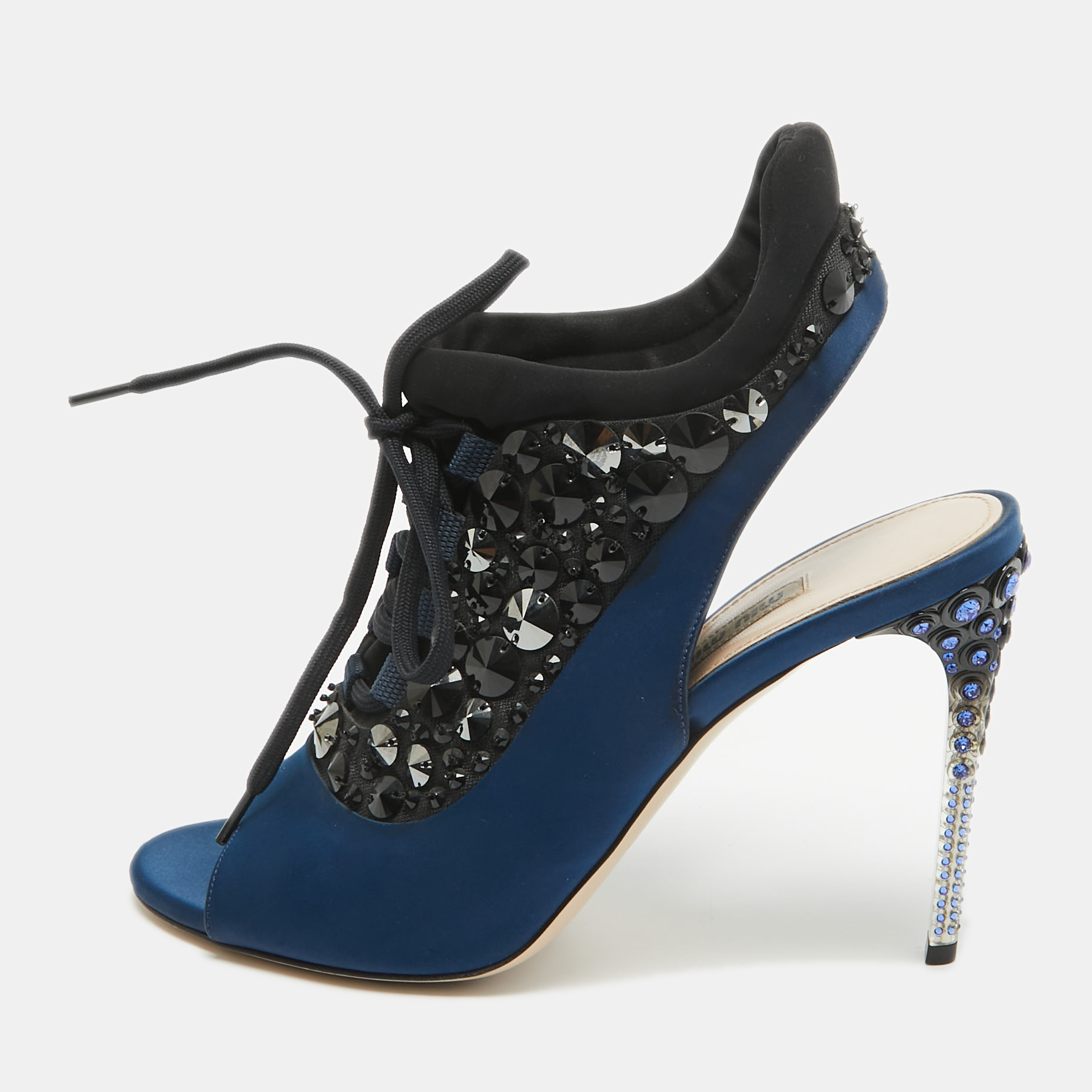 Miu miu navy blue/black satin and fabric crystal embellished lace up slingback sandals size 39.5