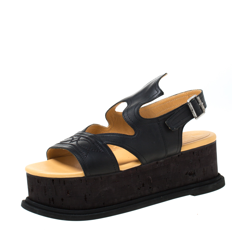 Image of MM Maison Margiela Black Cut Out Embroidered Leather Platform Sandals Size .