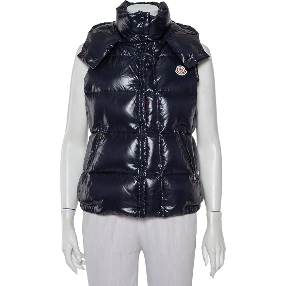 Moncler Navy Blue Synthetic Quilted Sleeveless Hooded Galene Gilet S