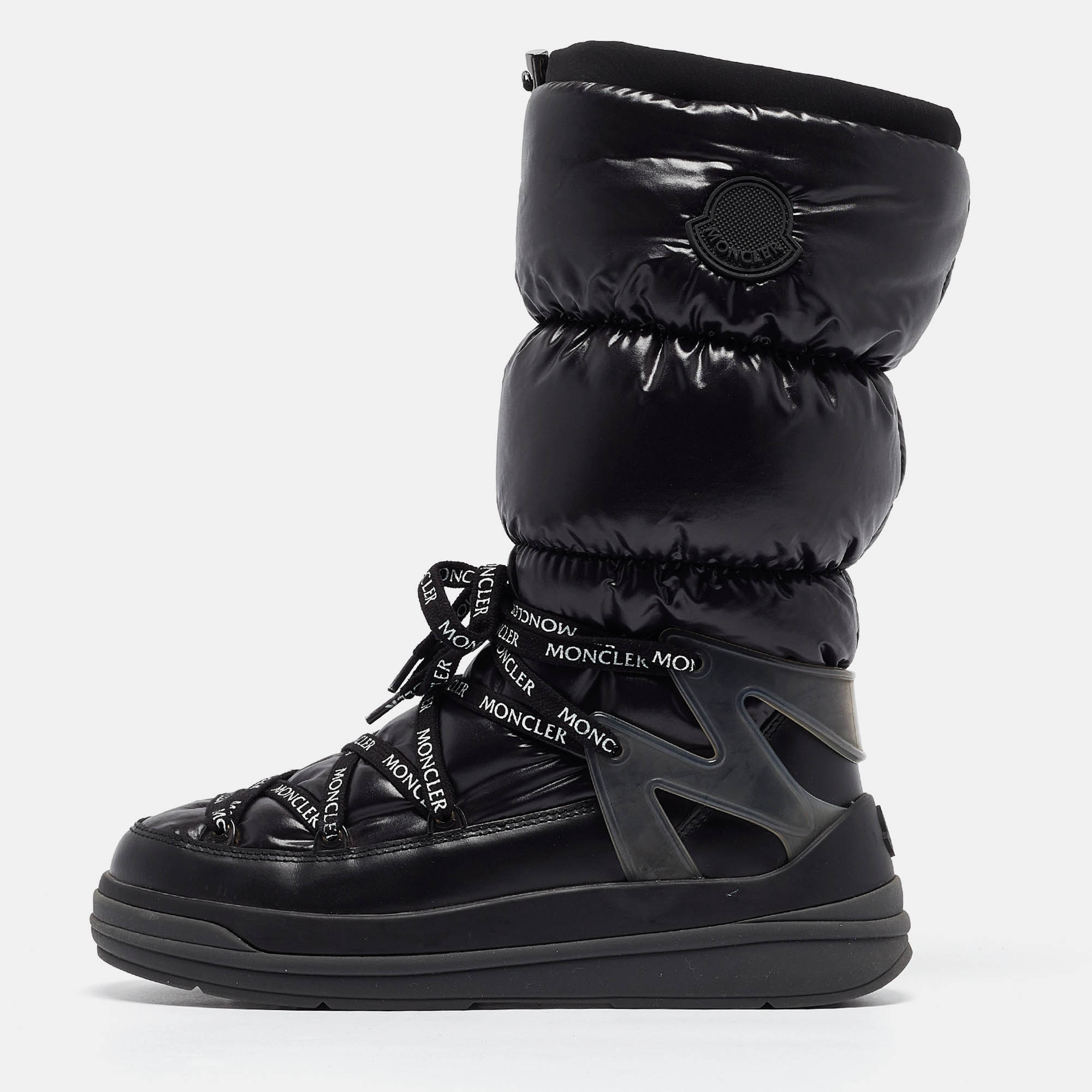 Moncler black nylon and leather insoluxe mid calf snow boots size 38
