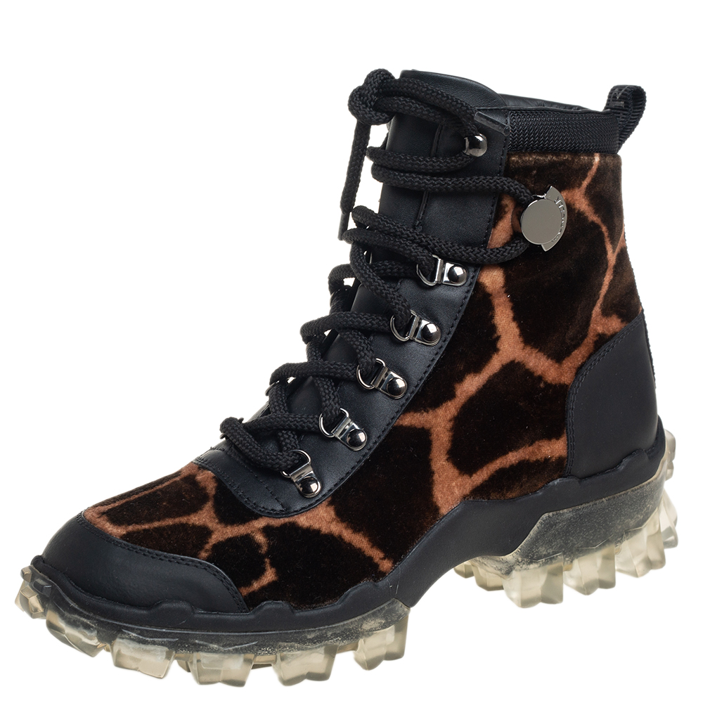 Moncler Black Leopard Print Velvet And Leather Helis Boots Size 37