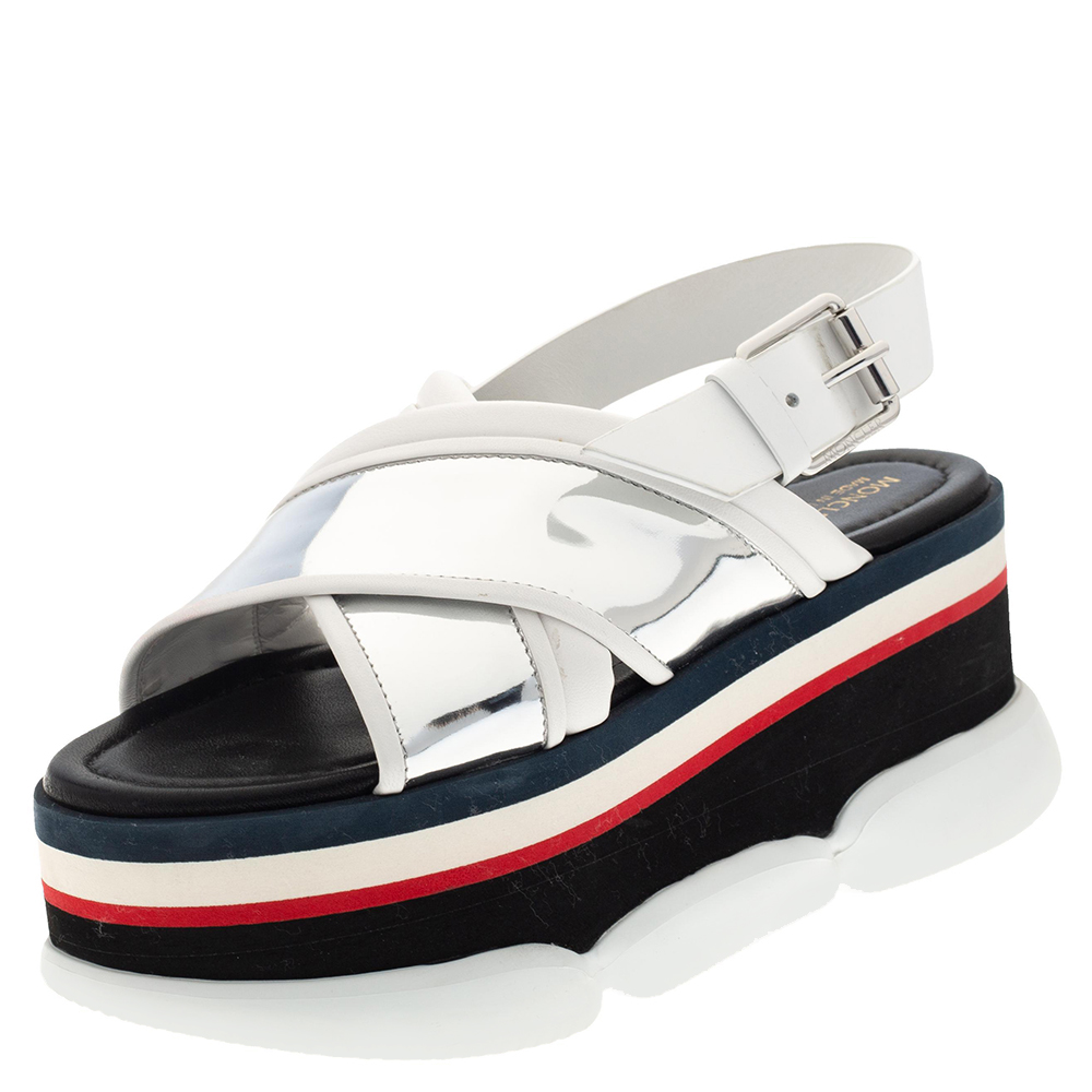 Moncler White/Silver Patent and Leather Zelda Platform Sandals Size 37