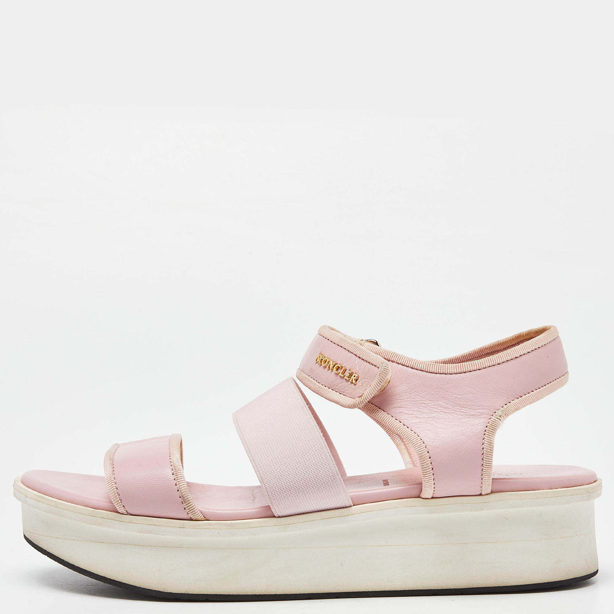 Moncler Pink Leather And Elastic Platform Sandals Size 38