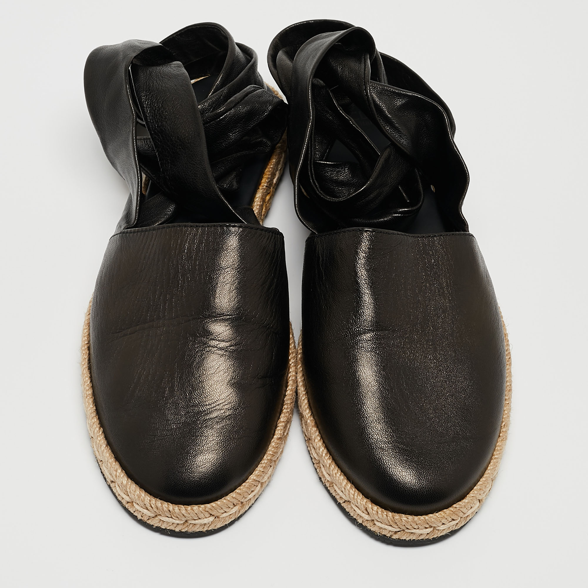 Moncler Black Leather Ankle Tie Espadrille Flats Size 37