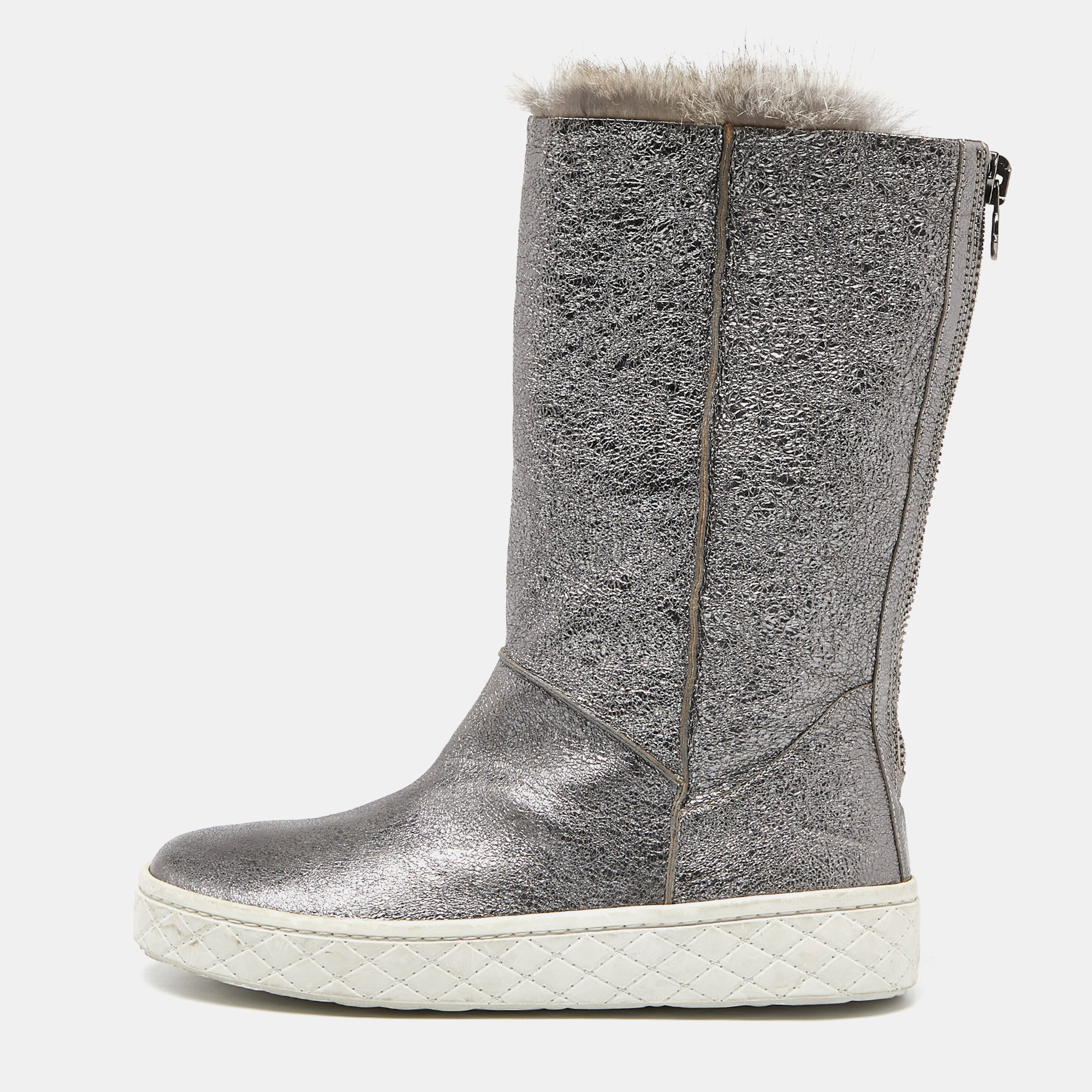 

Moncler Grey Foil Leather and Fur Mid Calf Boots Size