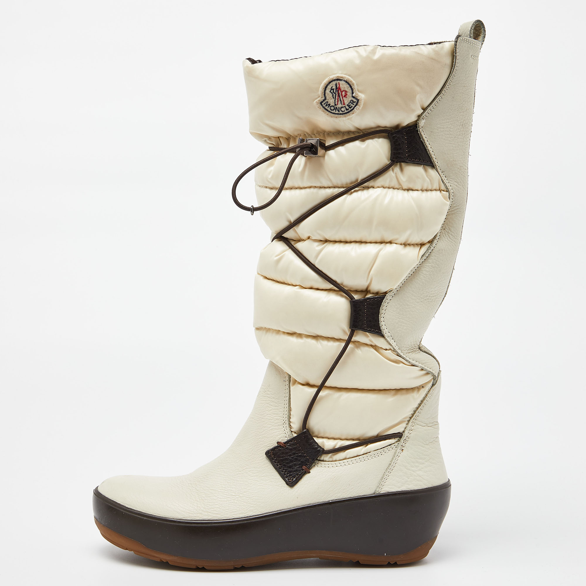 Moncler off white satin and leather snow boots size 39