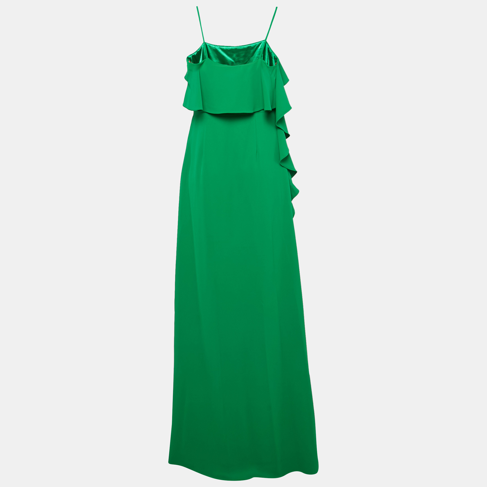 Monique Lhuillier Green Crepe Ruffled Maxi Slip Dress M