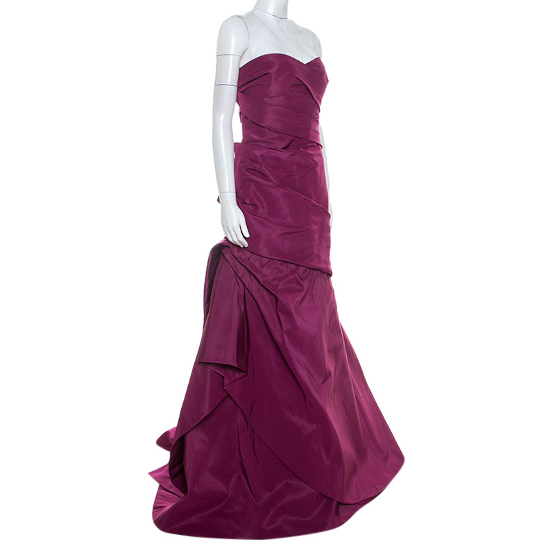 Monique Lhuillier Garnet Purple Silk Tufted Skirt Strapless Gown XL
