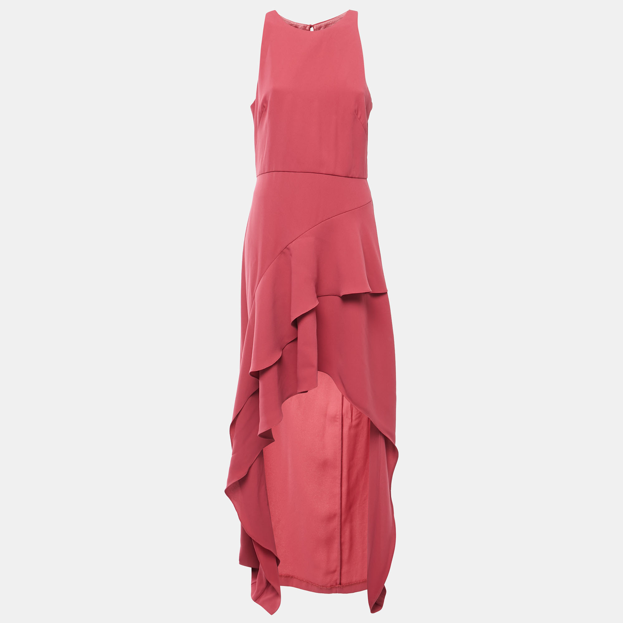 Monique Lhuillier Dusty Pink Crepe Ruffled Sleeveless Asymmetrical Maxi Dress L