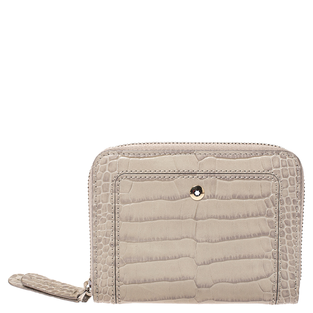 Image of Montblanc Beige Croc Embossed Leather Zip Around Coin Purse