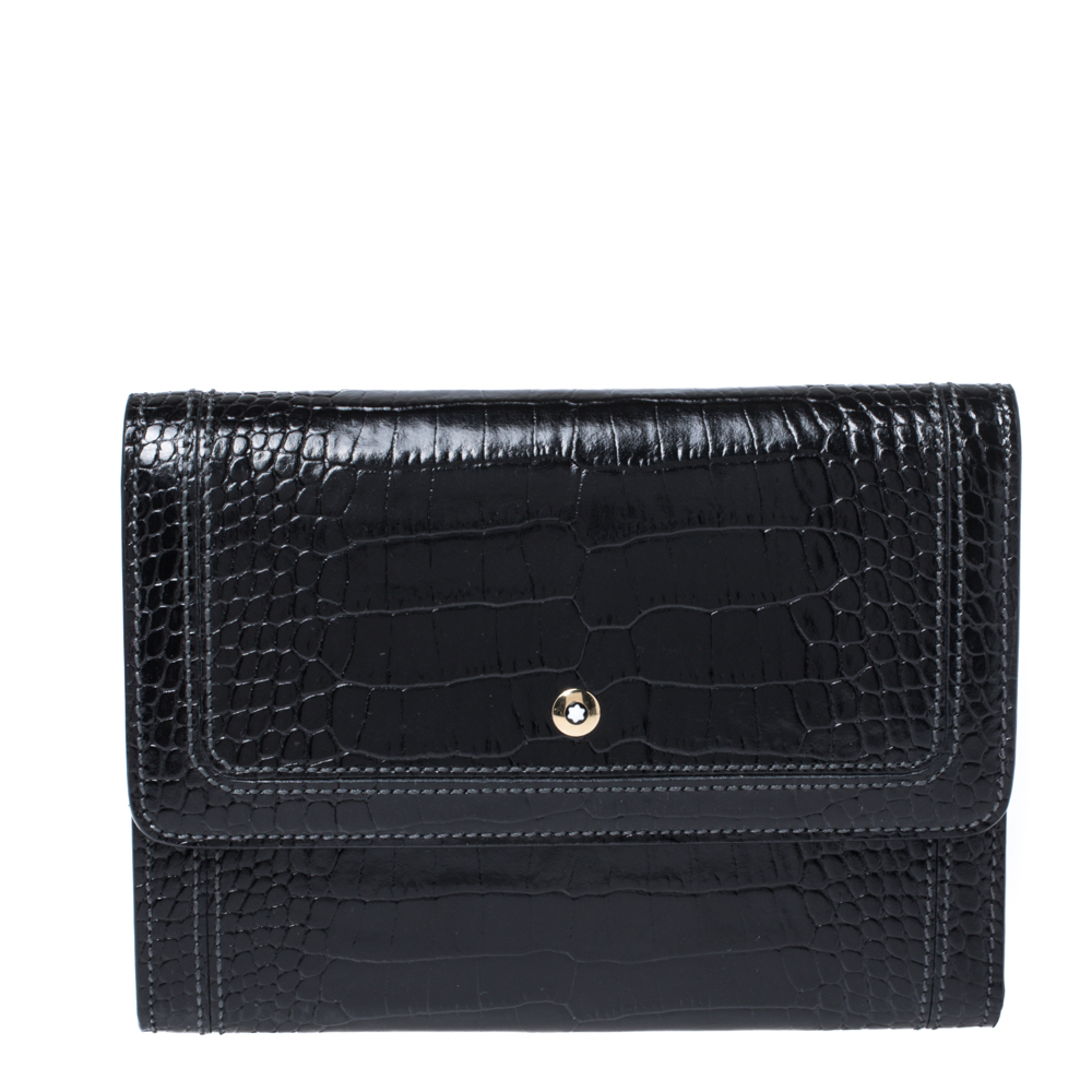 Image of Montblanc Black Croc Embossed Leather Trifold Wallet