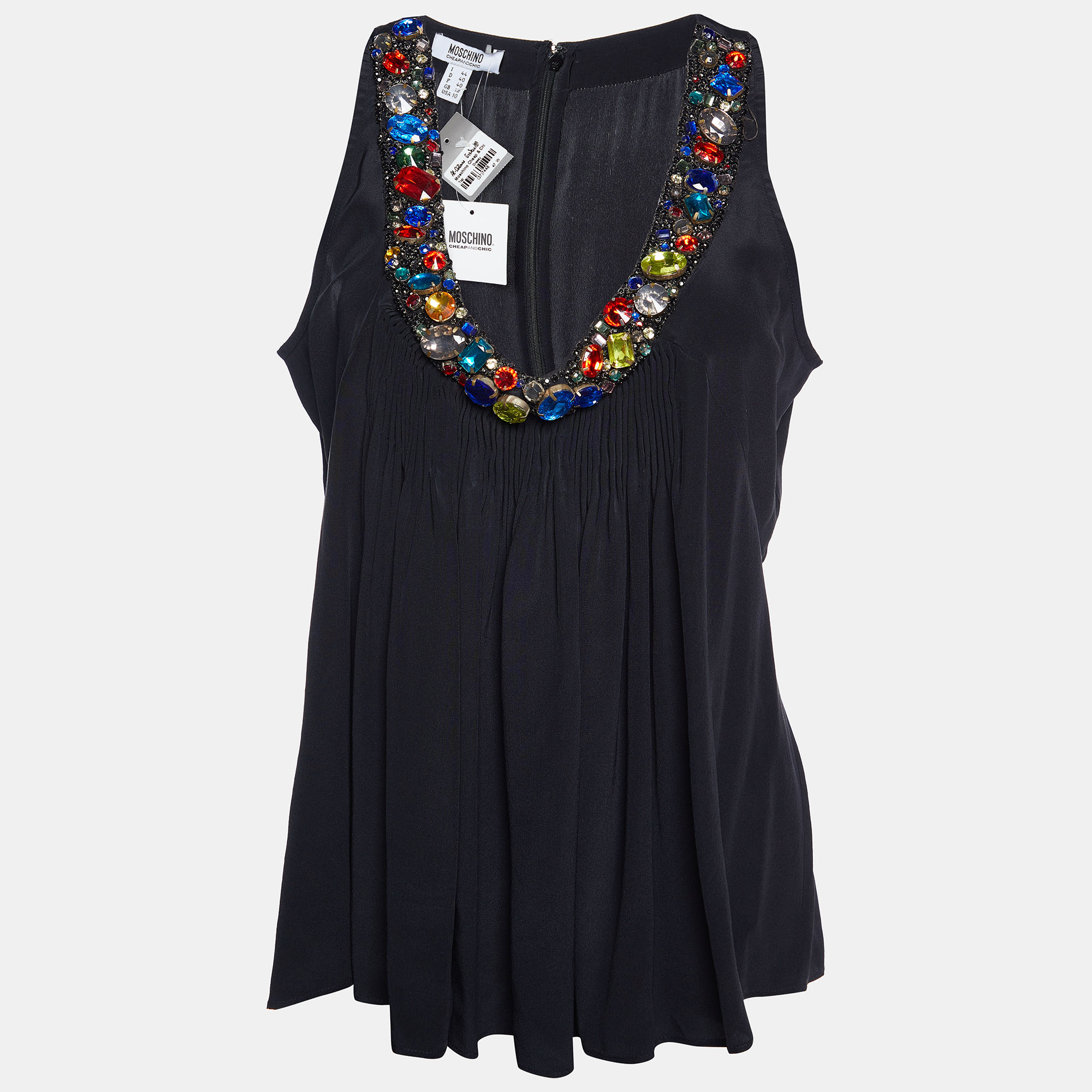 Moschino Cheap And Chic Black Silk Embellished Neck Sleeveless Top M