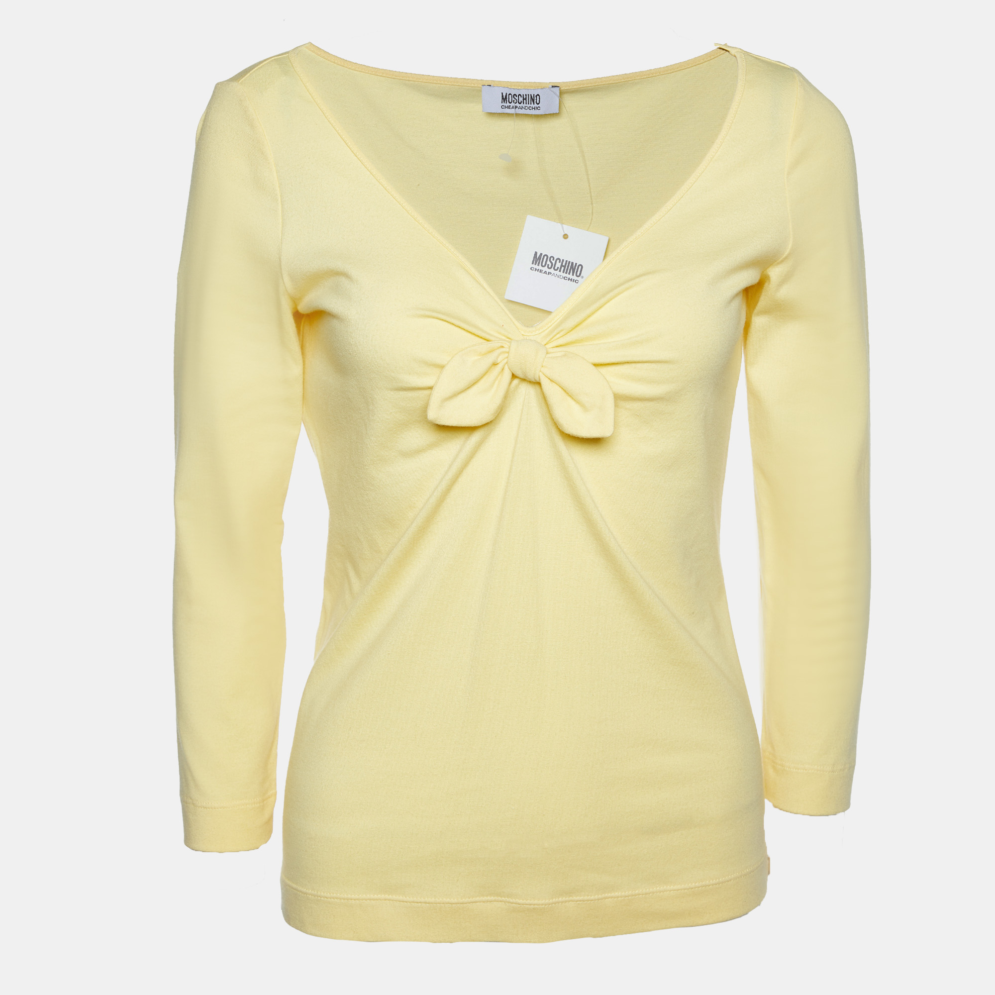 Moschino cheap and chic yellow cotton knit bow detail t-shirt m