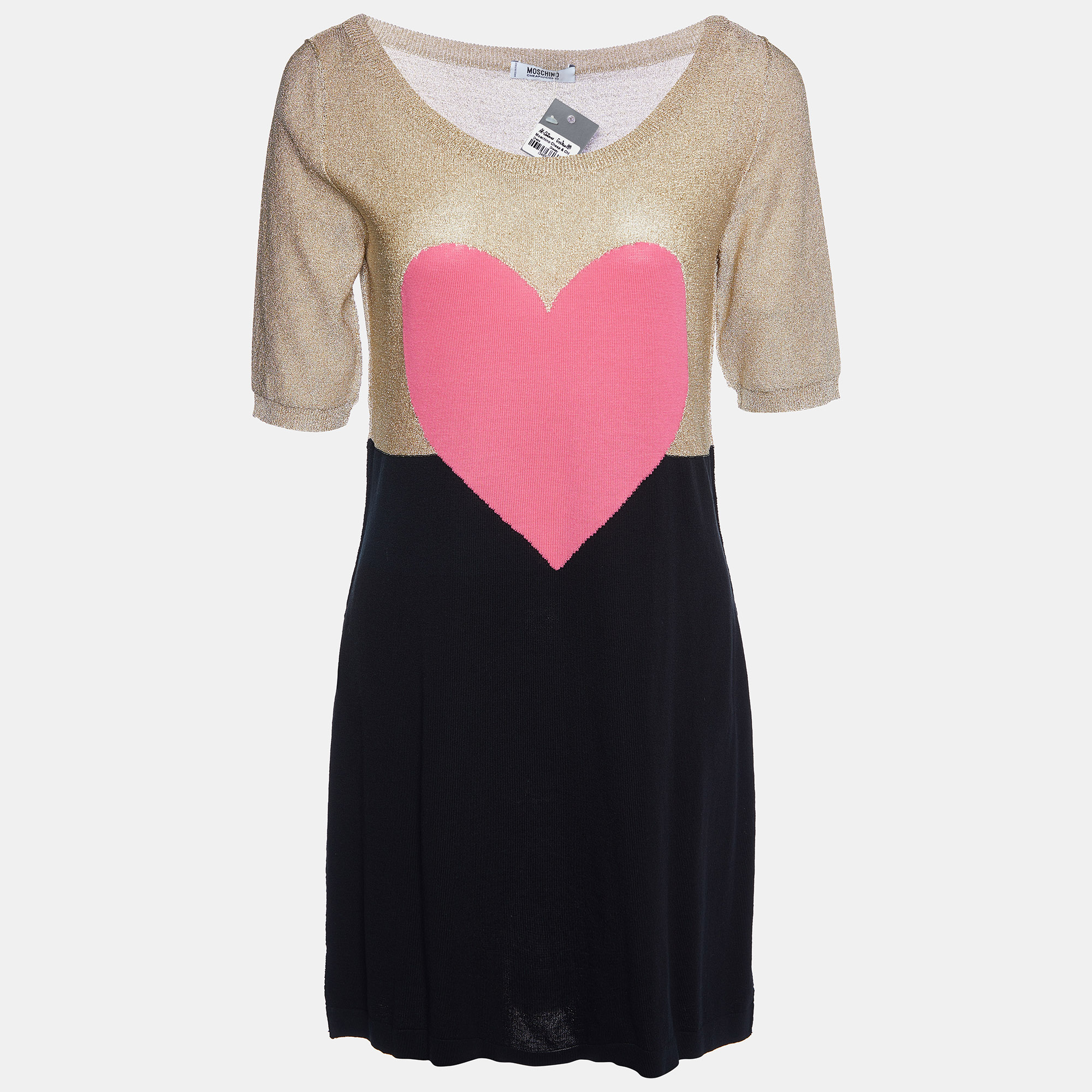 Moschino cheap and chic multicolor heart lurex & cotton knit mini dress m