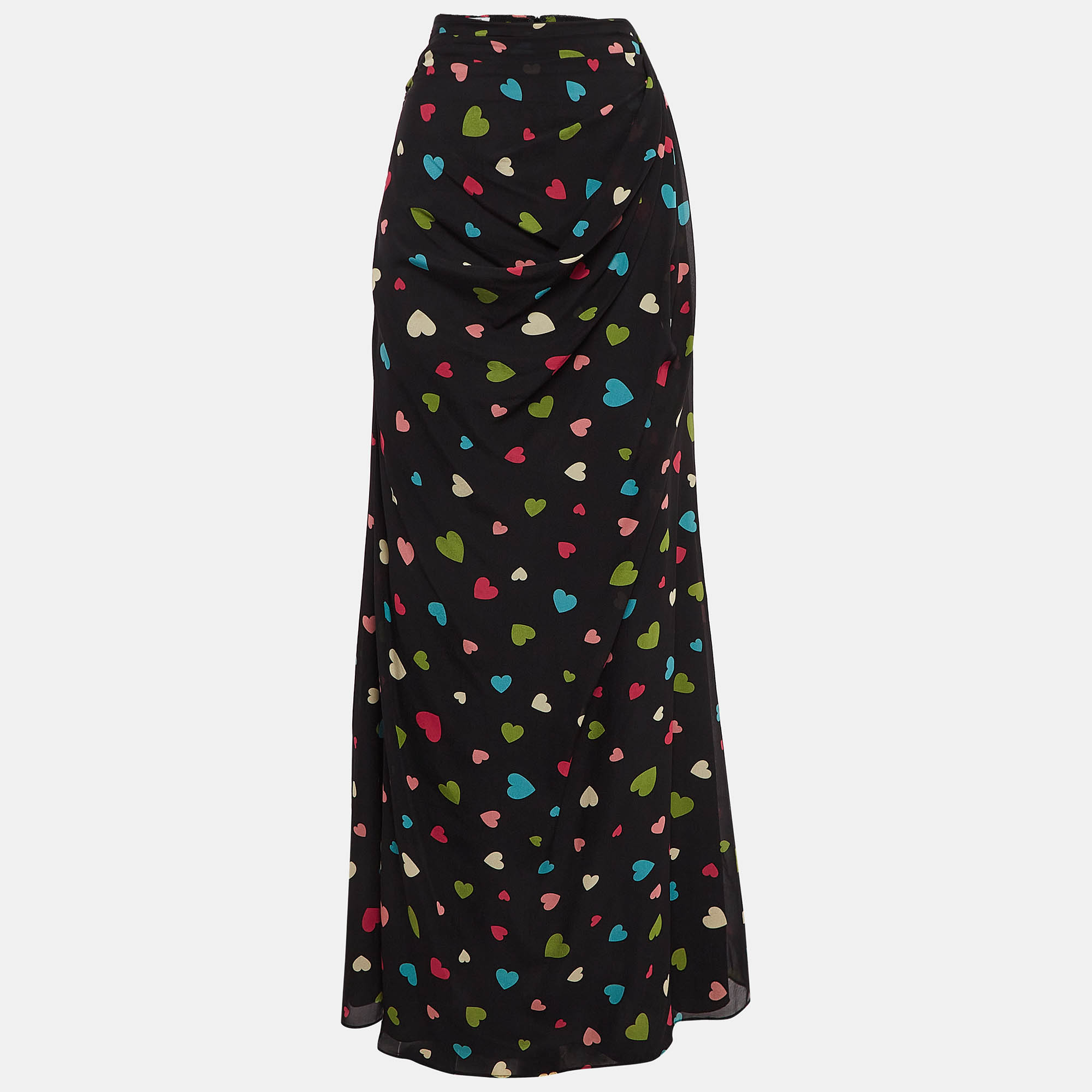 Moschino Cheap and Chic Black Heart Print Silk Maxi Skirt S