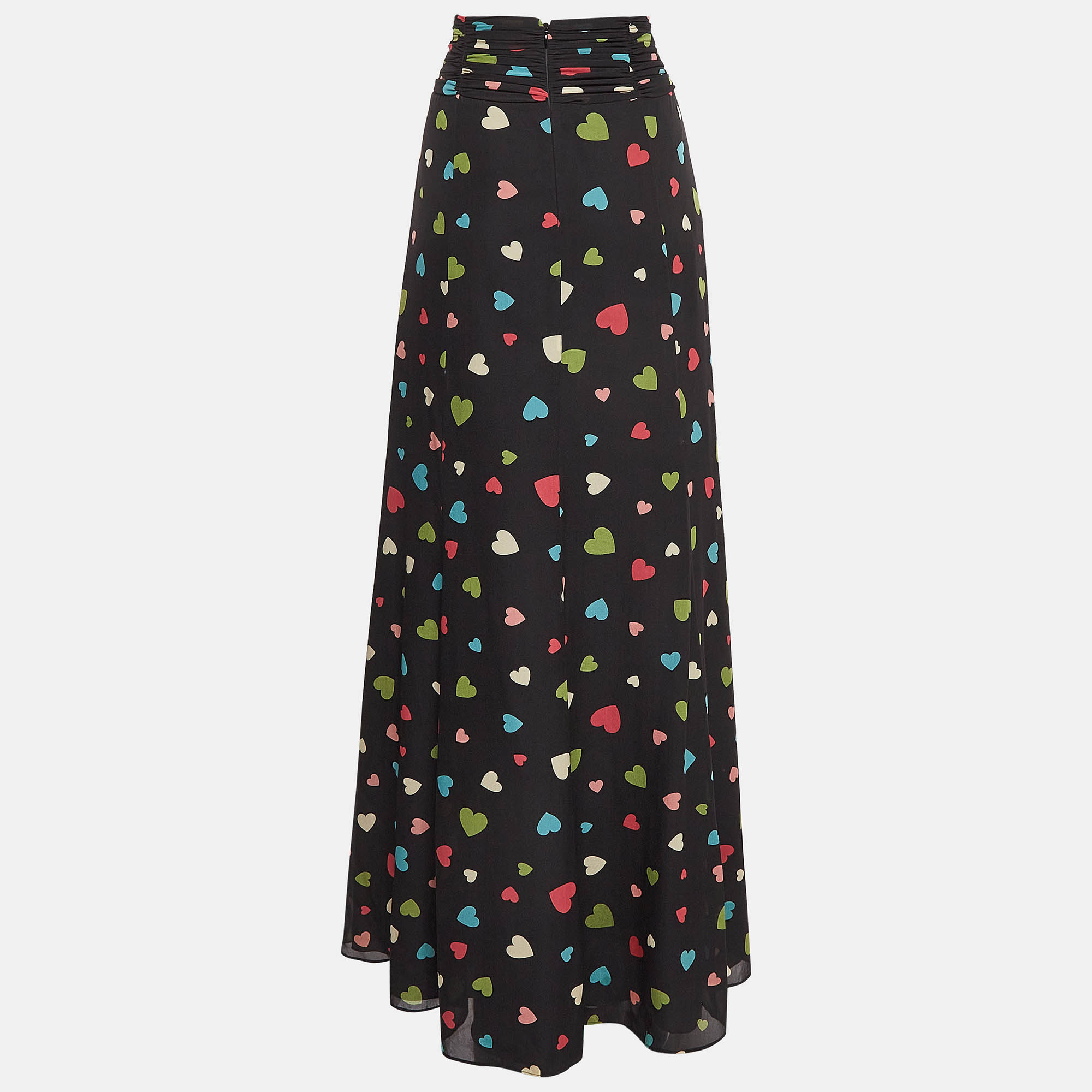 Moschino Cheap And Chic Black Heart Print Silk Maxi Skirt S