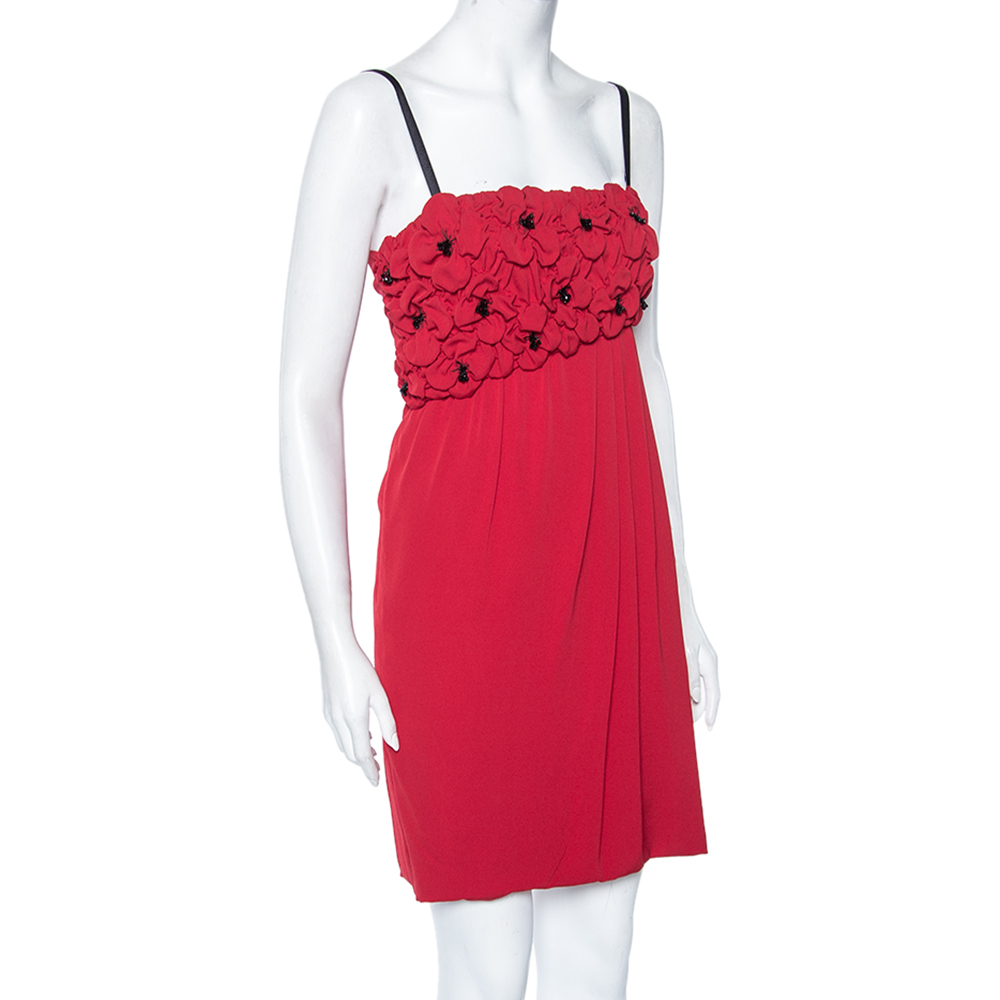 

Moschino Cheap And Chic Red Silk Floral Embellished Pleated Short Dress