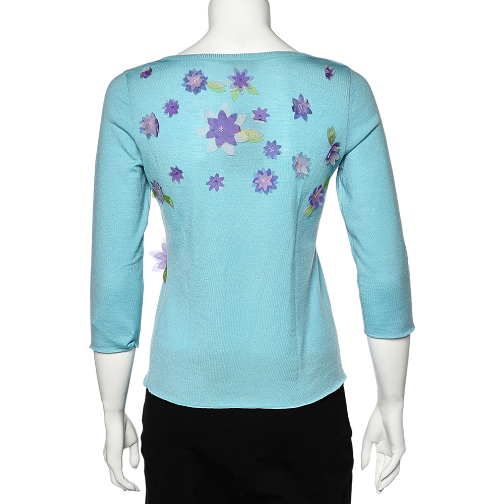 Moschino Cheap And Chic Blue Wool Floral Applique V-Neck Sweater M