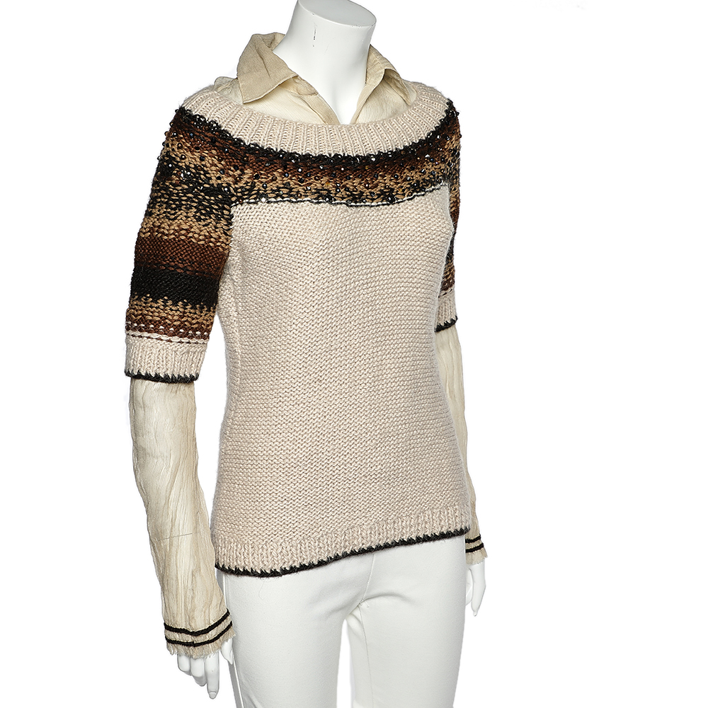 

Moschino Cheap and Chic Cream Embellished Cable Knit Contrast Detail Sweater