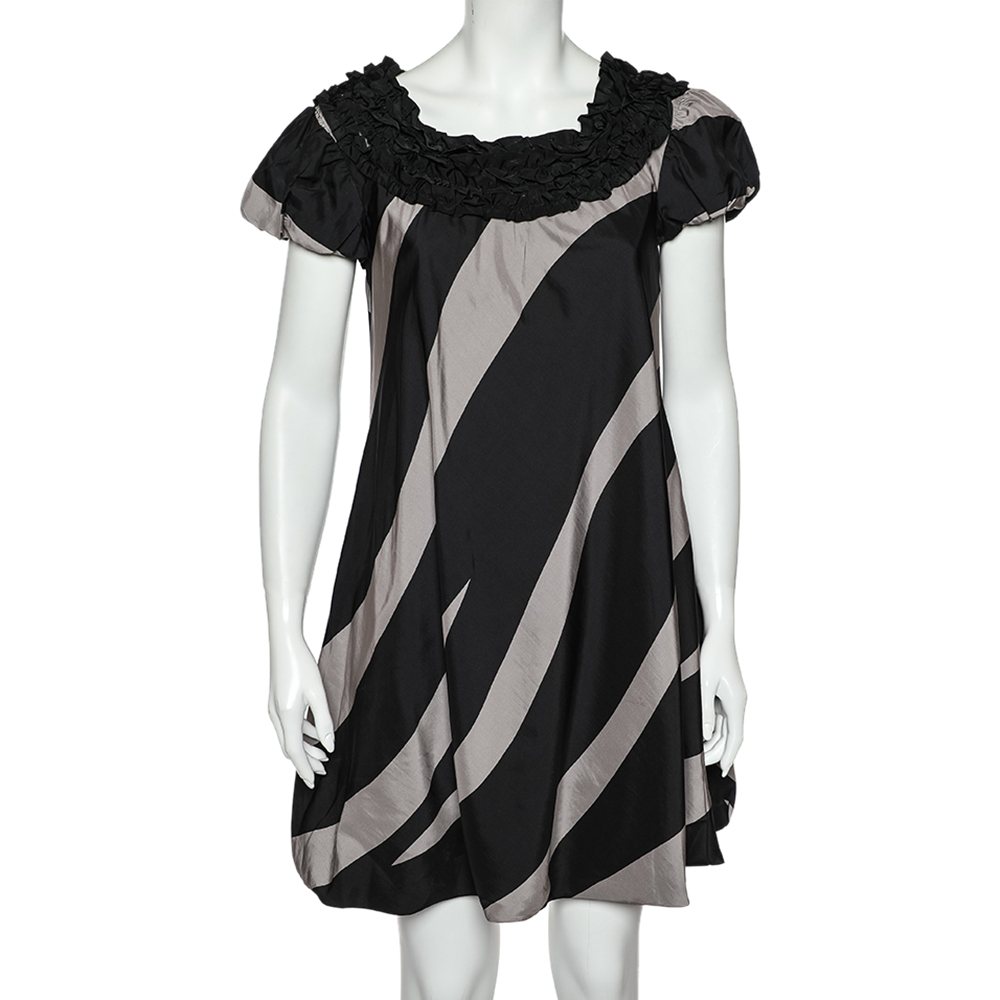 

Moschino Cheap and Chic Monochrome Striped Silk Ruffled Neck Detail Mini Dress, Black