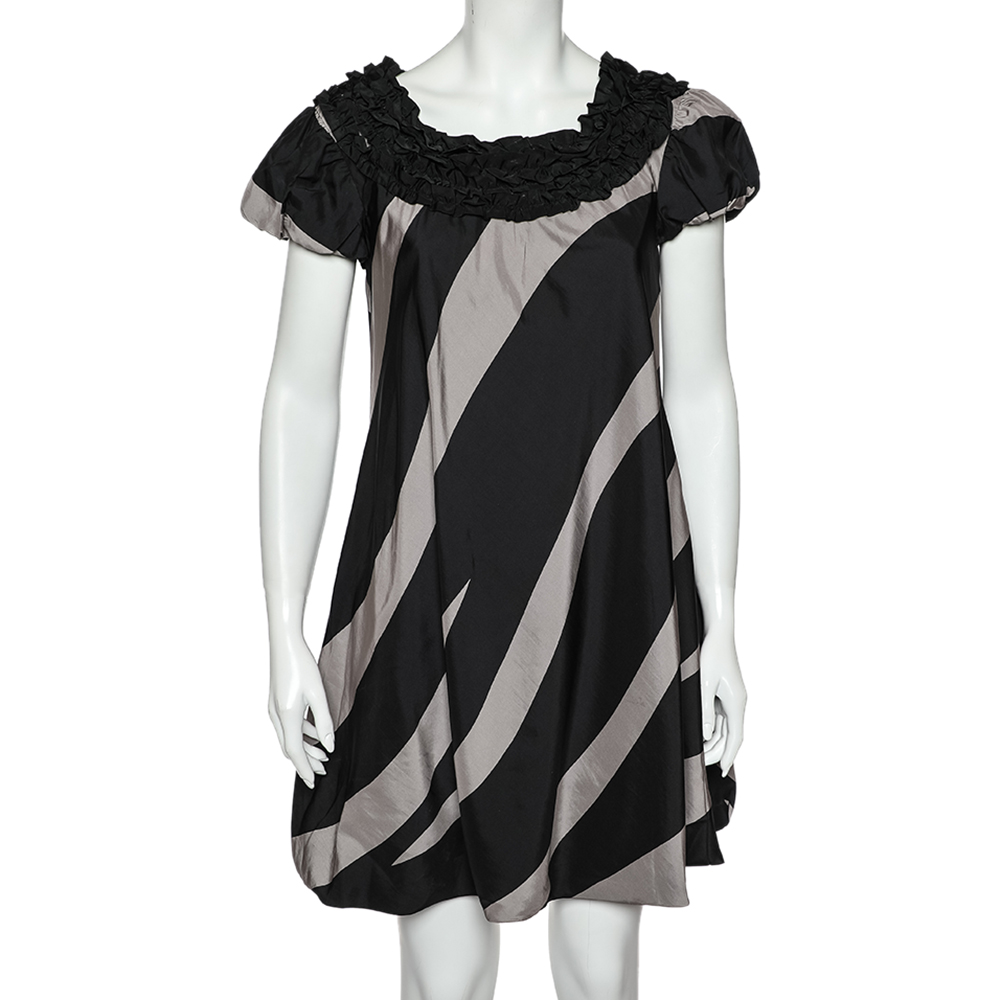 Moschino cheap and chic monochrome striped silk ruffled neck detail mini dress m